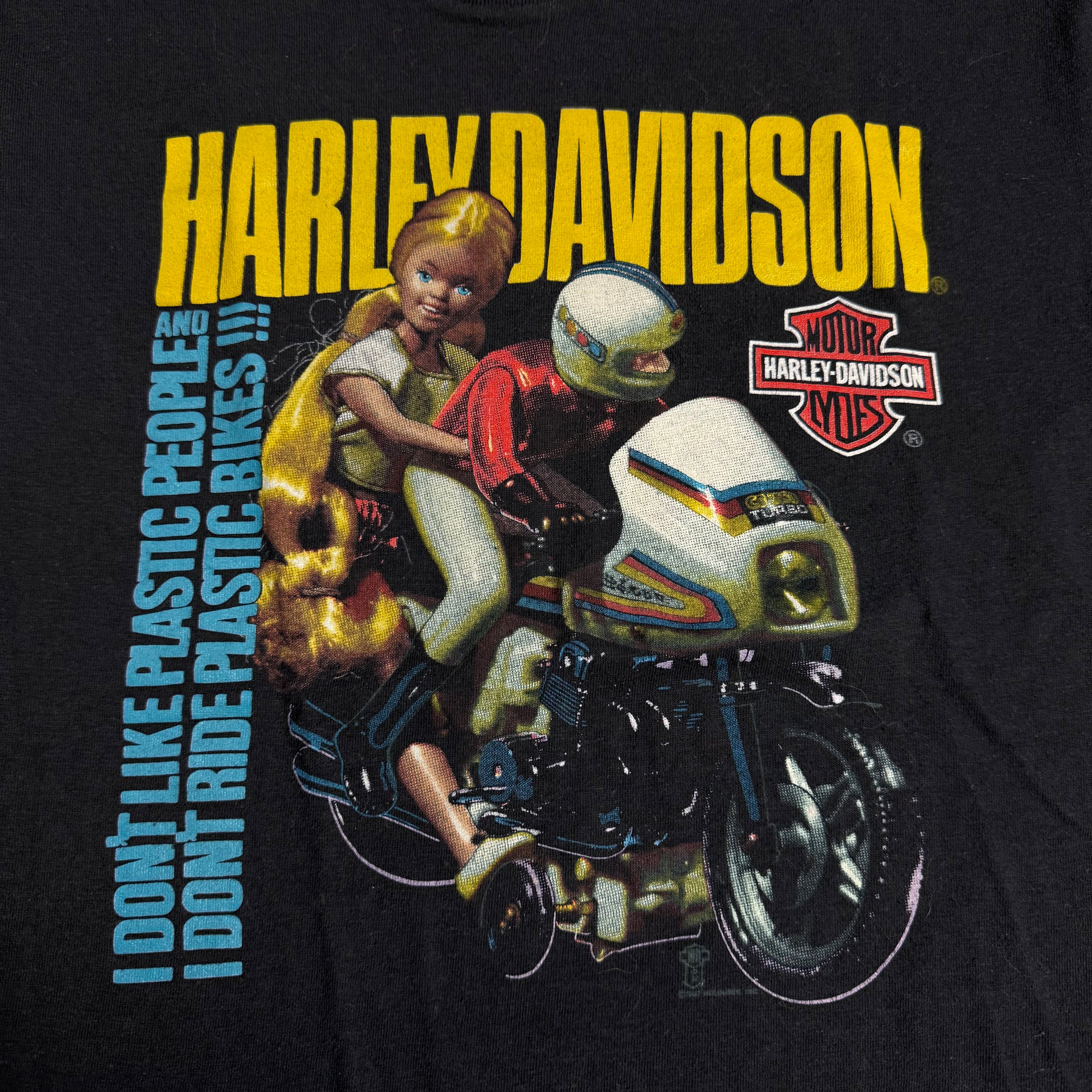 vintage 80s harley davidson plastic people barbie tee