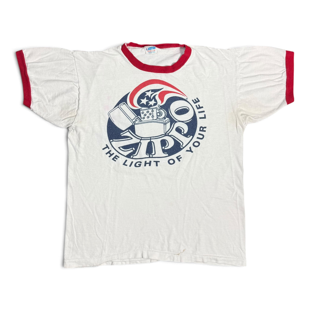 vintage 70s champion blue bar zippo lighter ringer tee