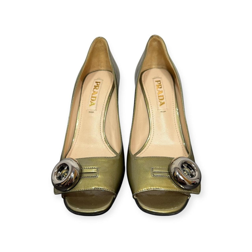 prada metallic green patent leather button heels
