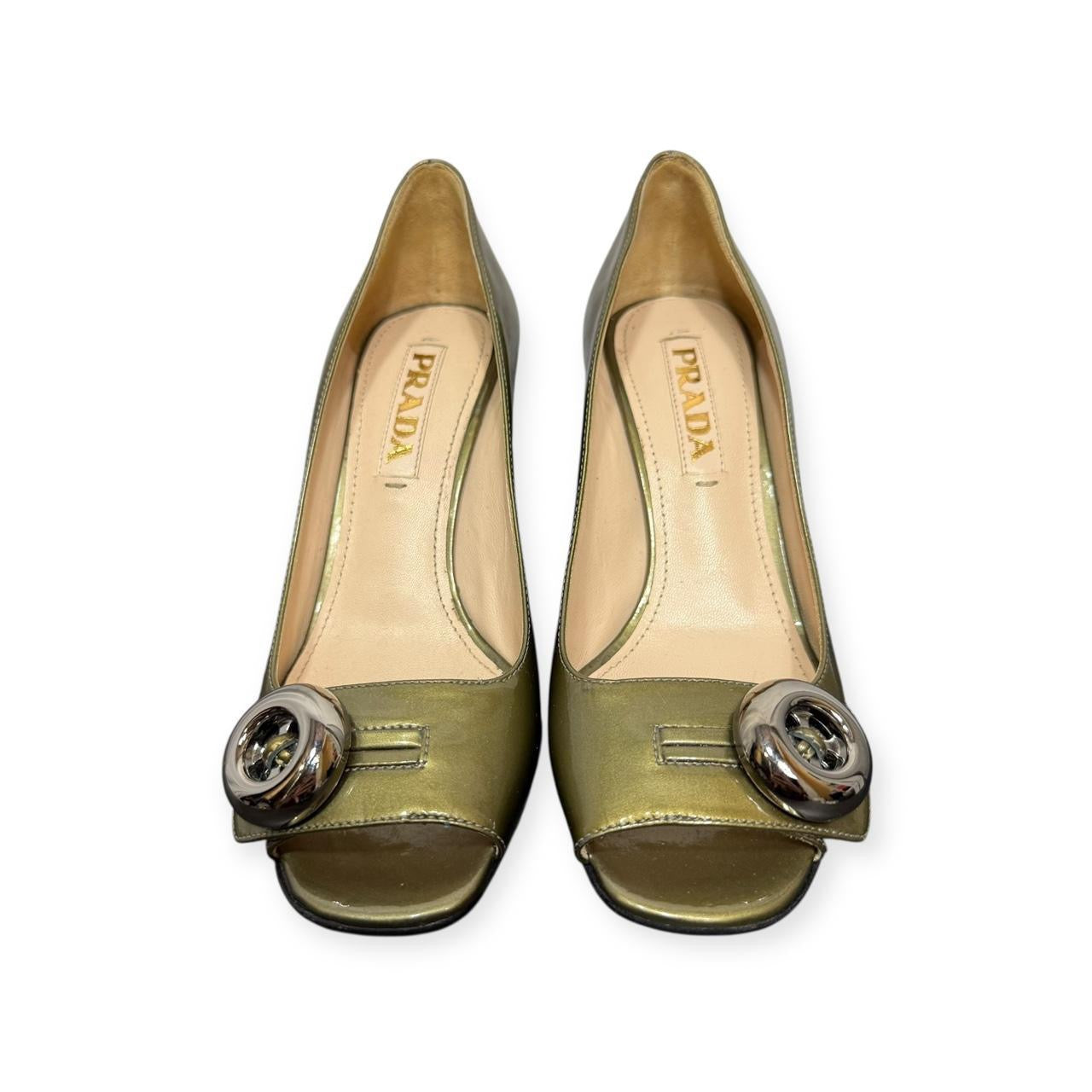 prada metallic green patent leather button heels