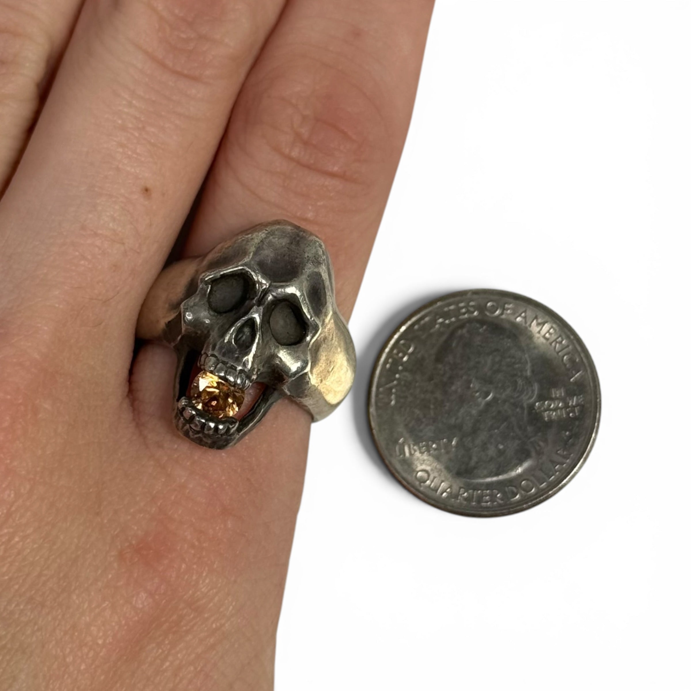 japanese heavy silver skull ring with citrine set stone