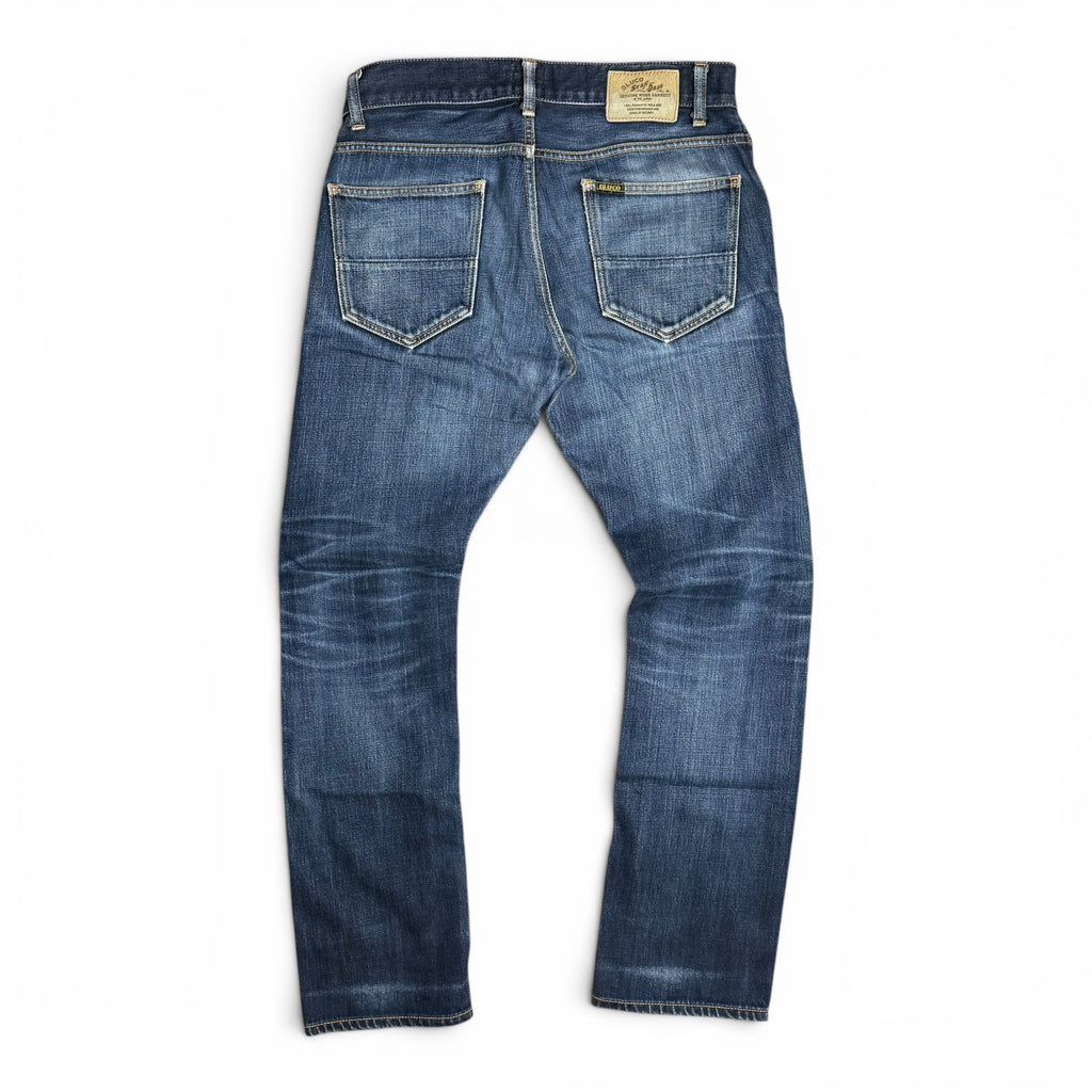 bluco work garment standard distressed indigo japanese denim button fly jeans