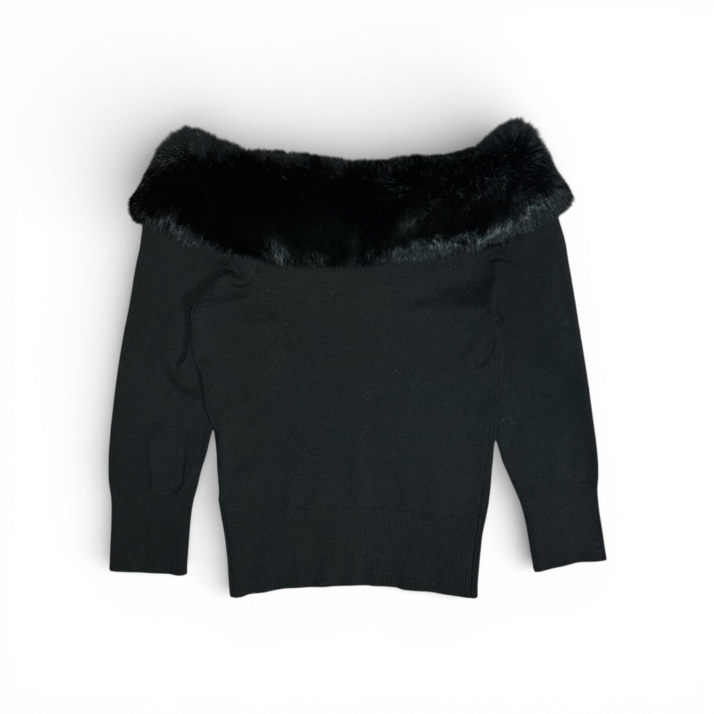 vintage mid 2000s bebe silk blend & rabbit fur trim off the shoulder top