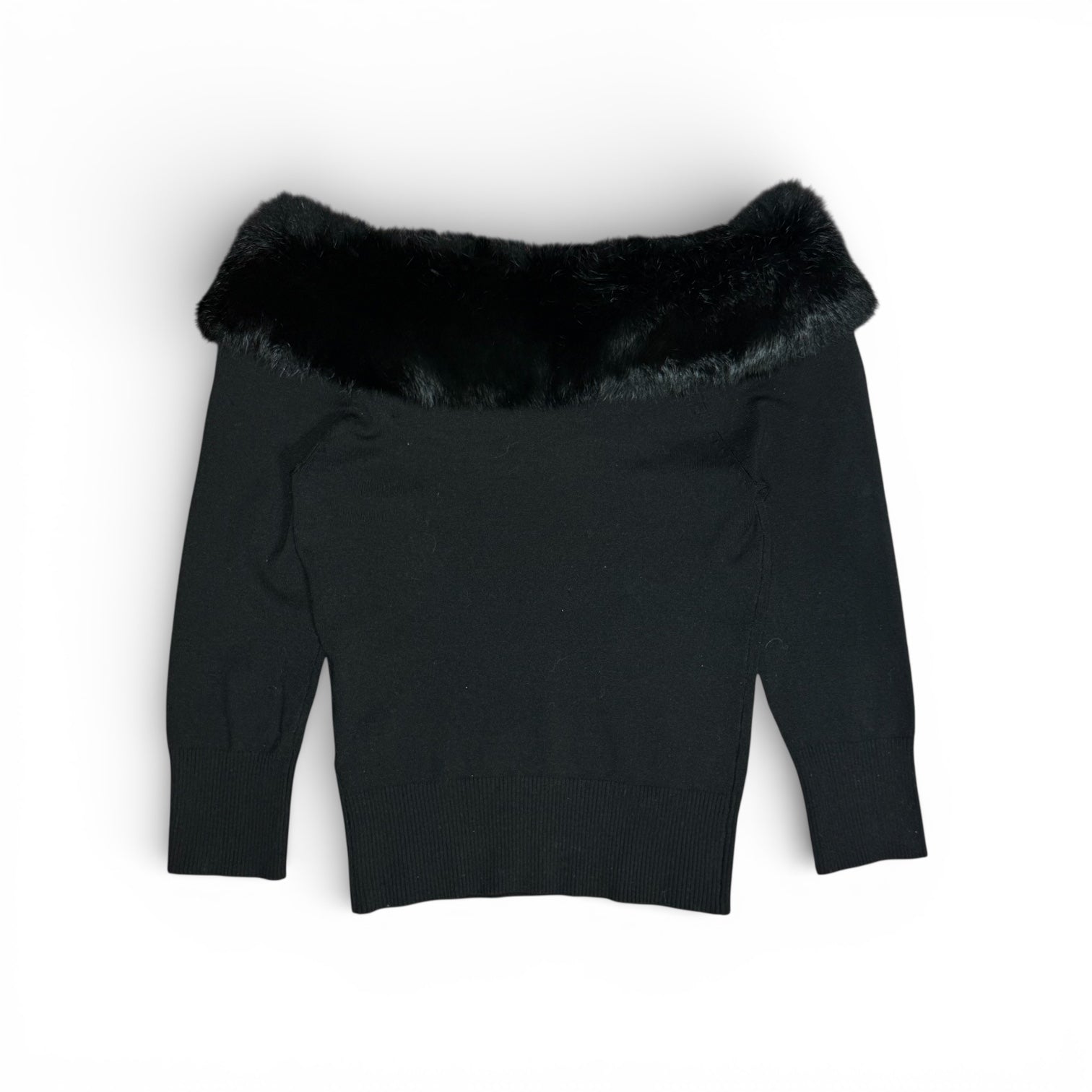 vintage mid 2000s bebe silk blend & rabbit fur trim off the shoulder top