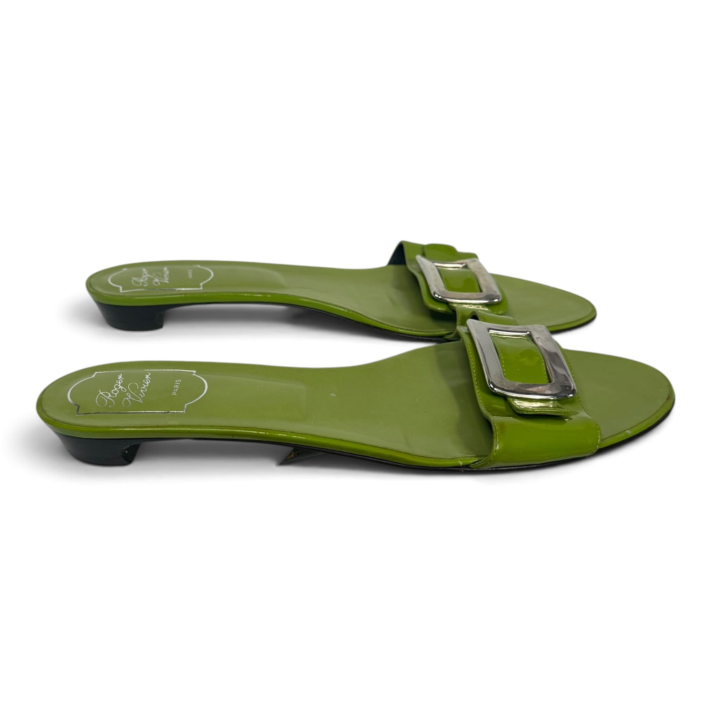 roger vivier green patent leather silver buckle slide sandals