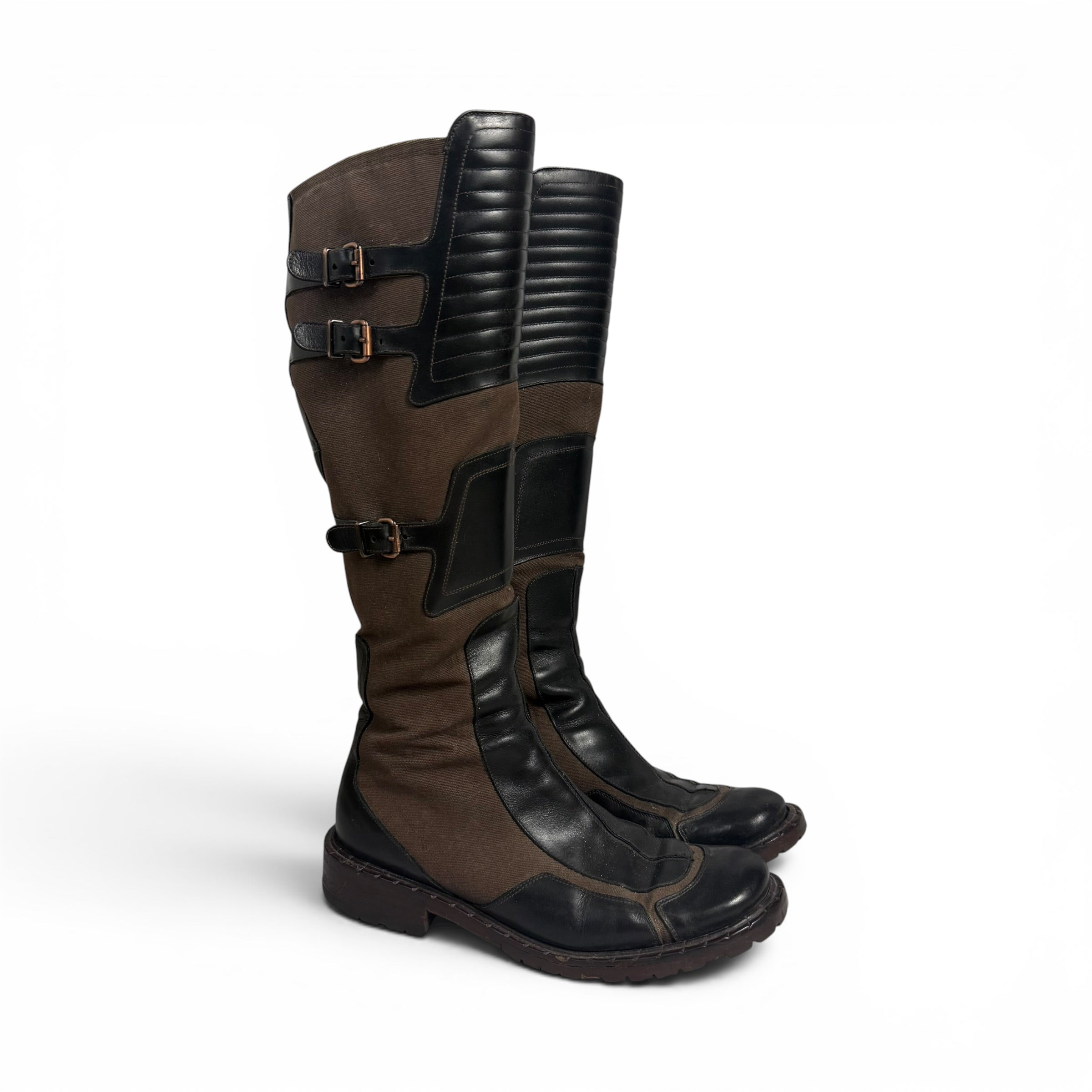 vintage goffredo fantini brown canvas + black leather multi buckle knee high moto boots