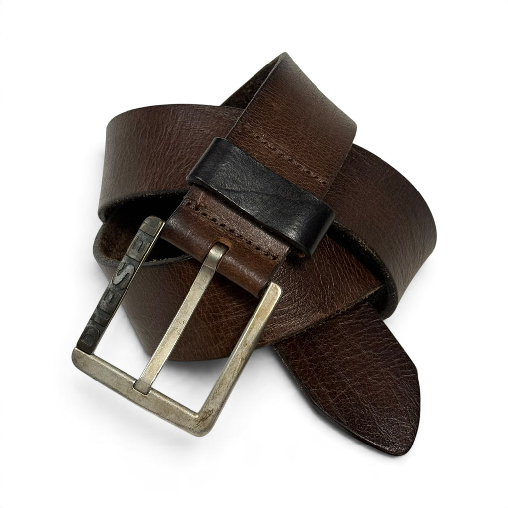 vintage diesel embossed metal logo buckle brown leather belt