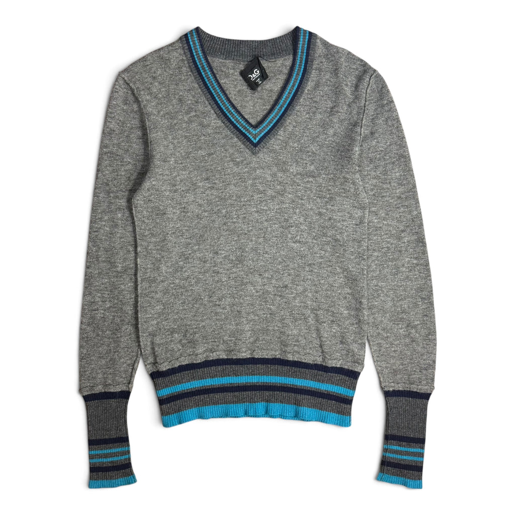 vintage 2000s dolce & gabbana grey v-neck sweater with blue striped trim