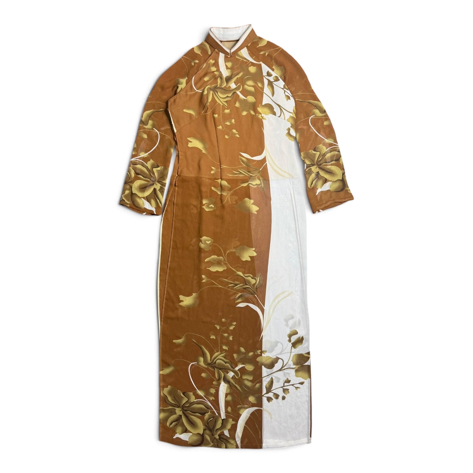 vintage handmade floral ao dai chiffon mandarin collar + high split tunic dress