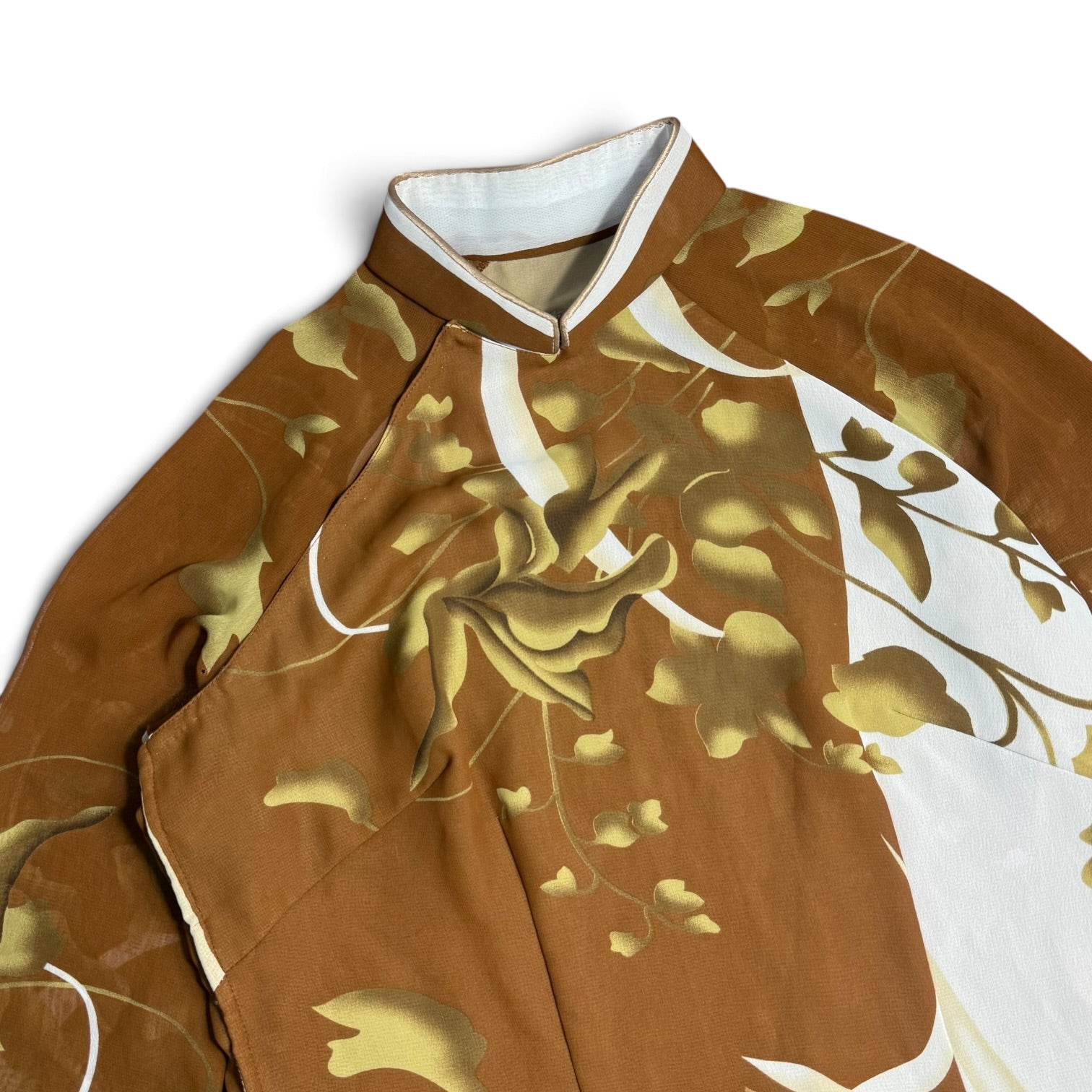 vintage handmade floral ao dai chiffon mandarin collar + high split tunic dress