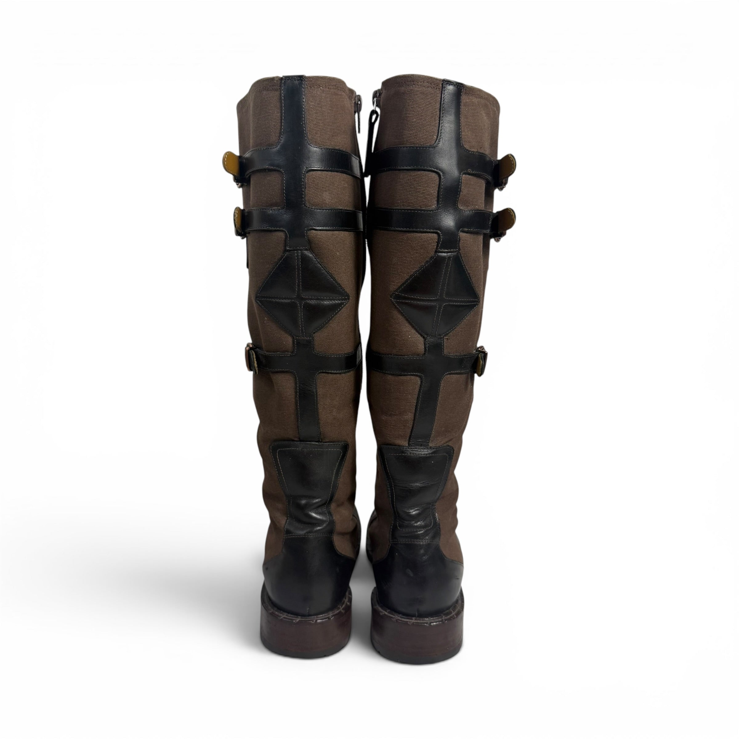 vintage goffredo fantini brown canvas + black leather multi buckle knee high moto boots