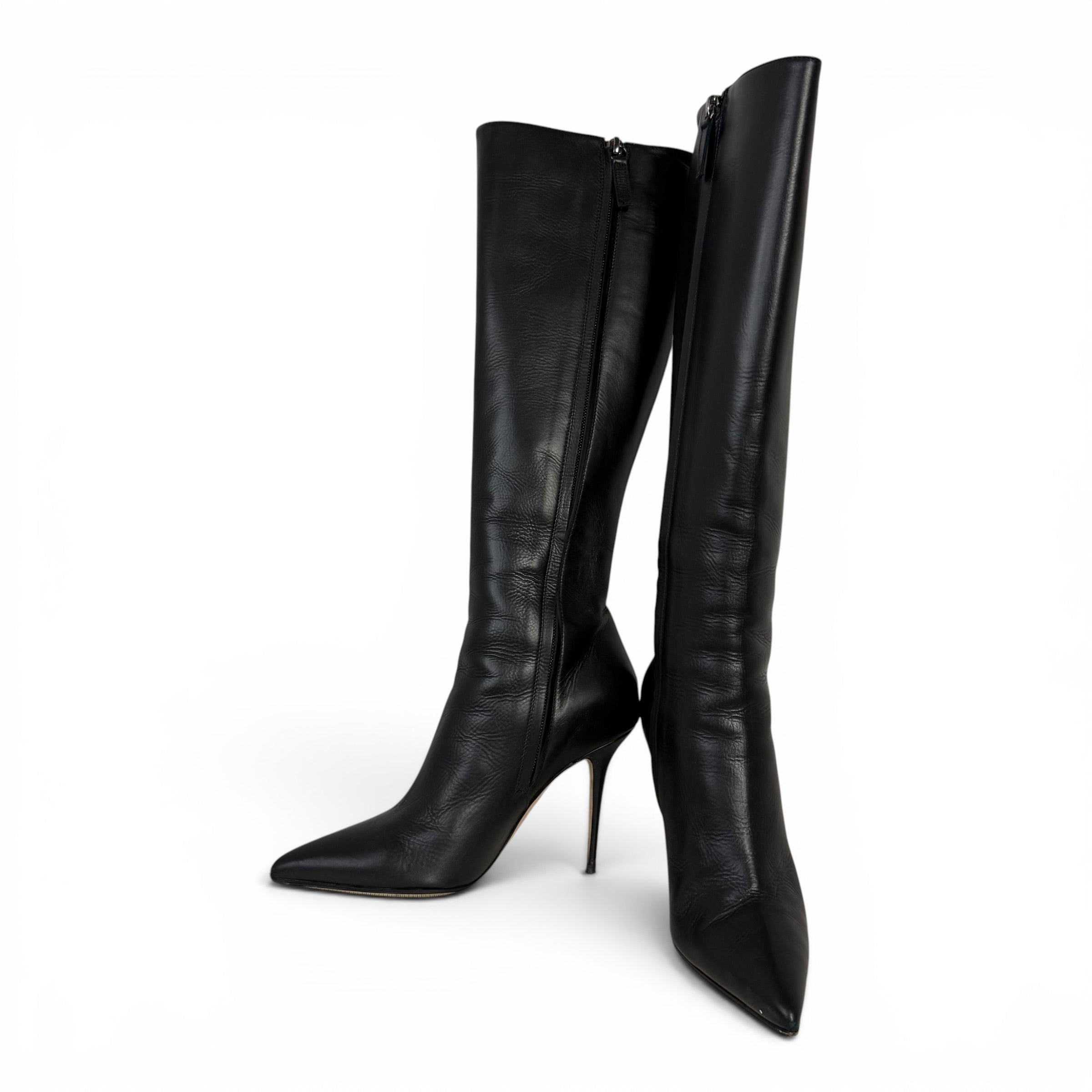 manolo blahnik takala black leather knee high boots with stitch detailing