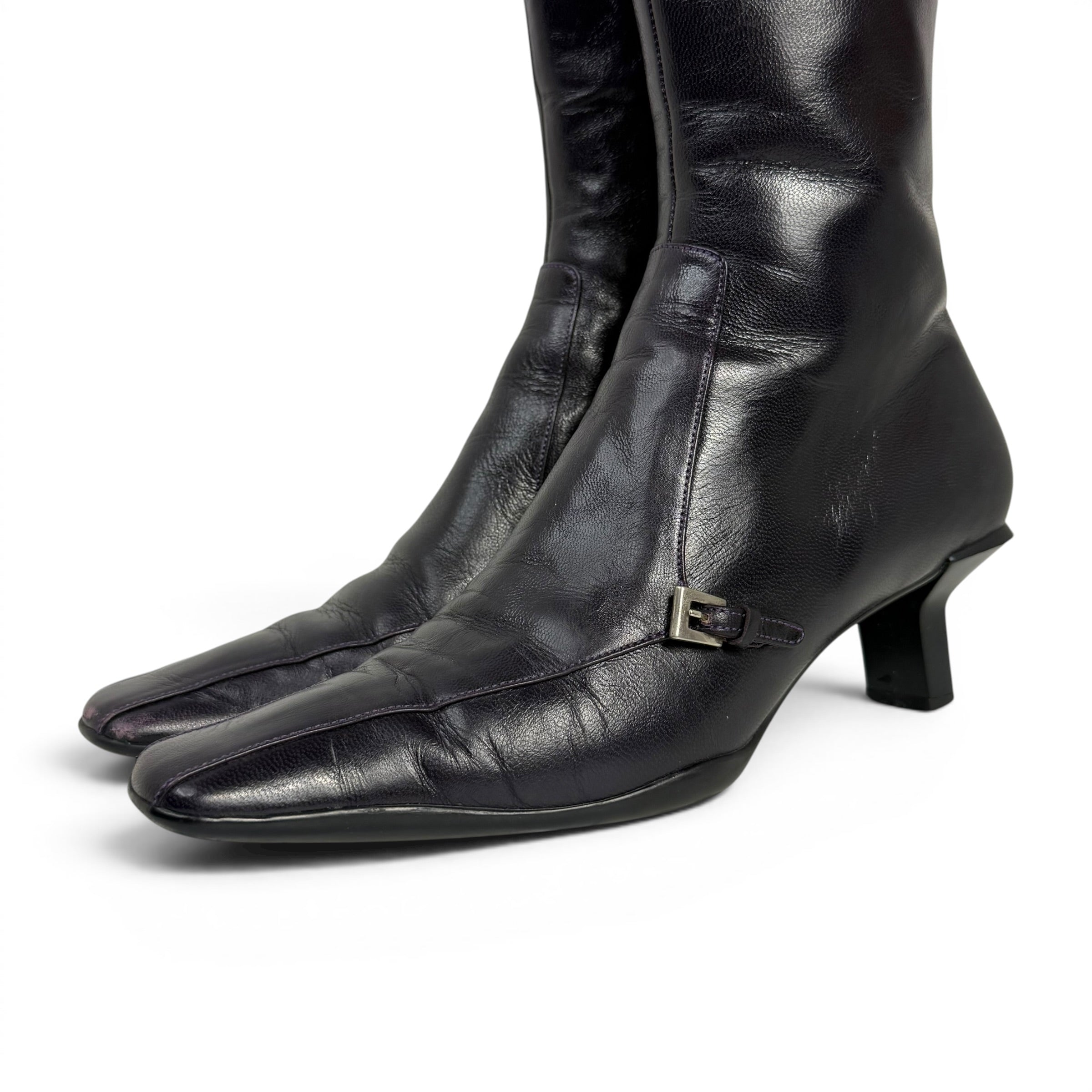 vintage prada square toe dark purple leather mid calf boots