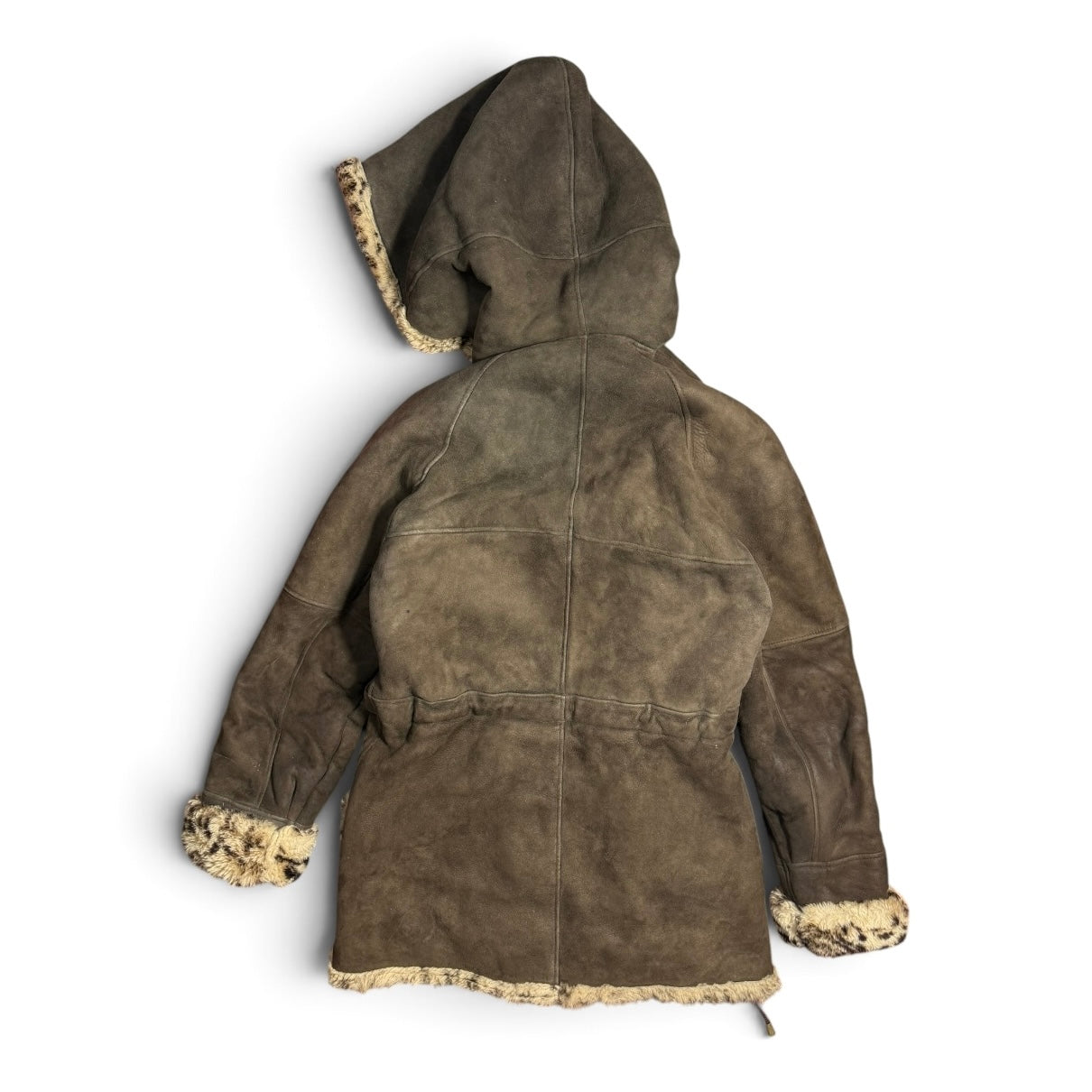 vintage delino sheepskin shearling hooded brown suede leopard fur lined coat