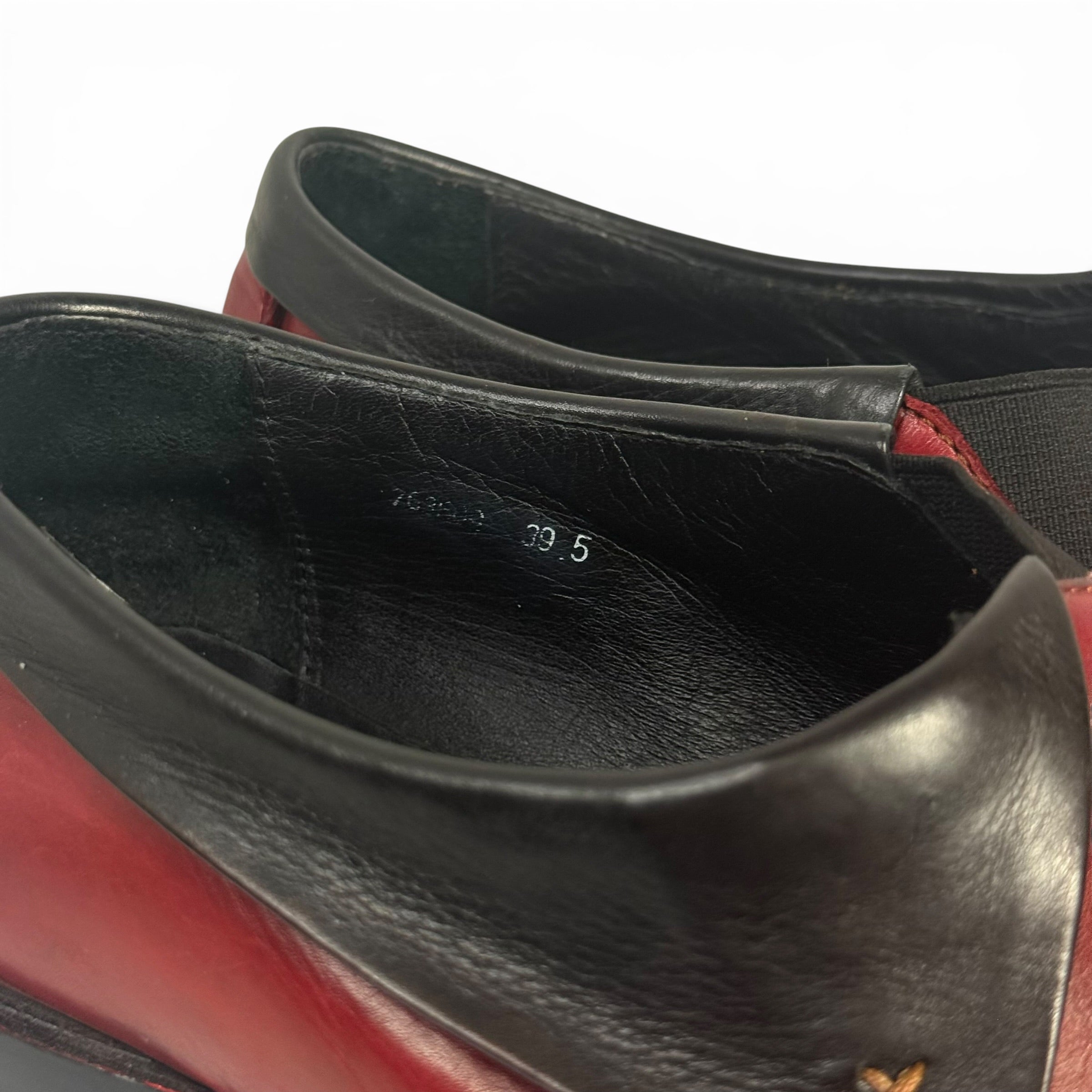 everybody bz moda red + black italian leather slip on square toe loafers