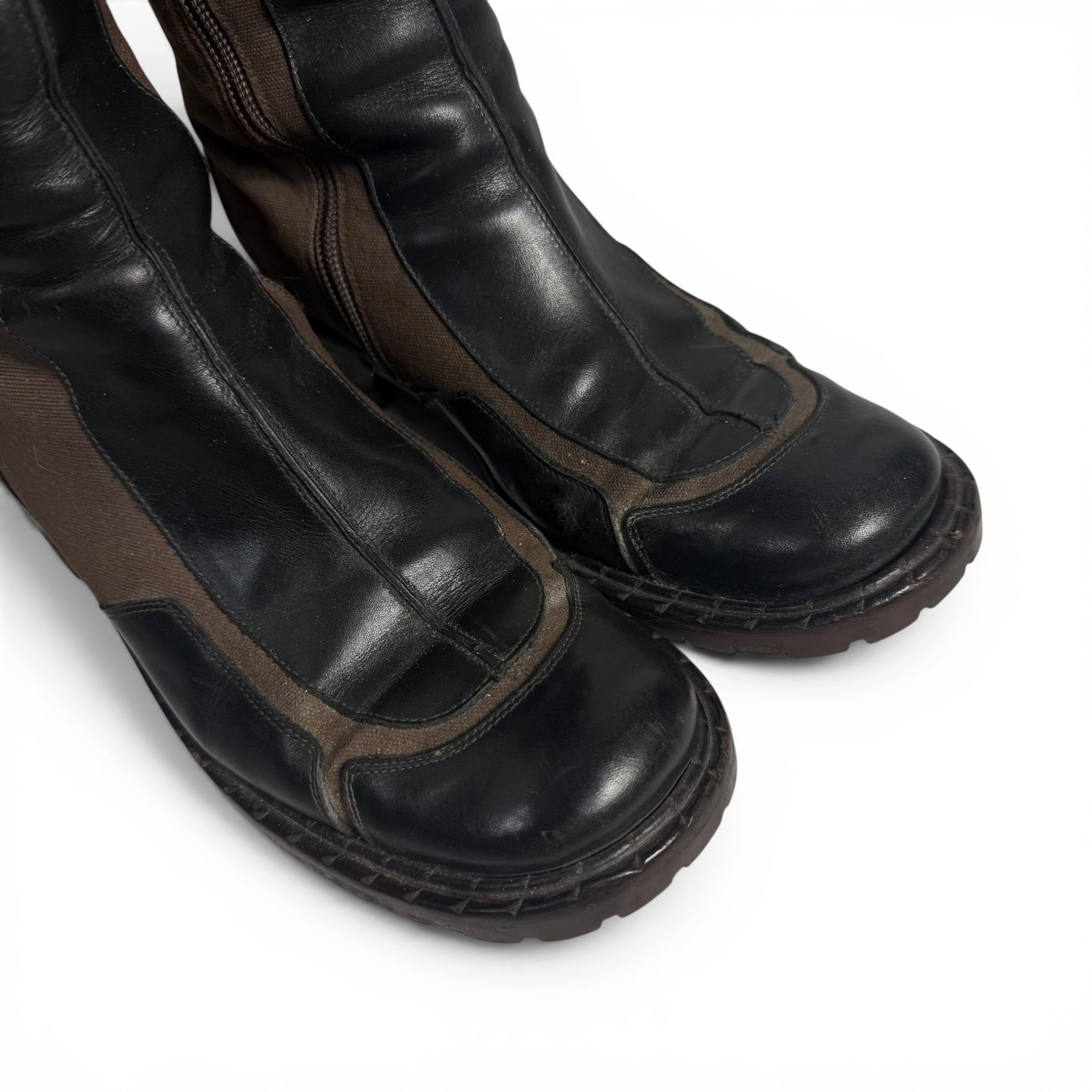 vintage goffredo fantini brown canvas + black leather multi buckle knee high moto boots