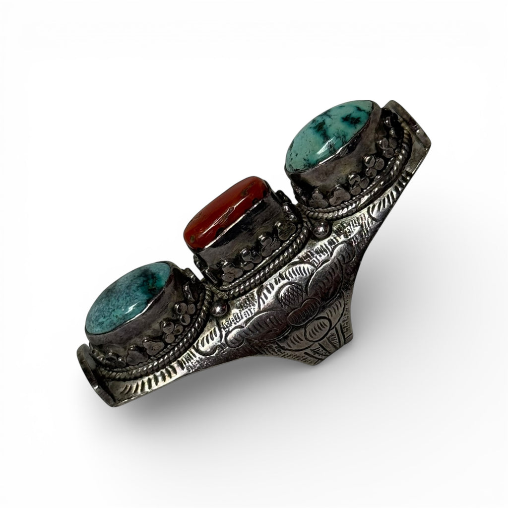 vintage tibetan silver turquoise & coral long ring