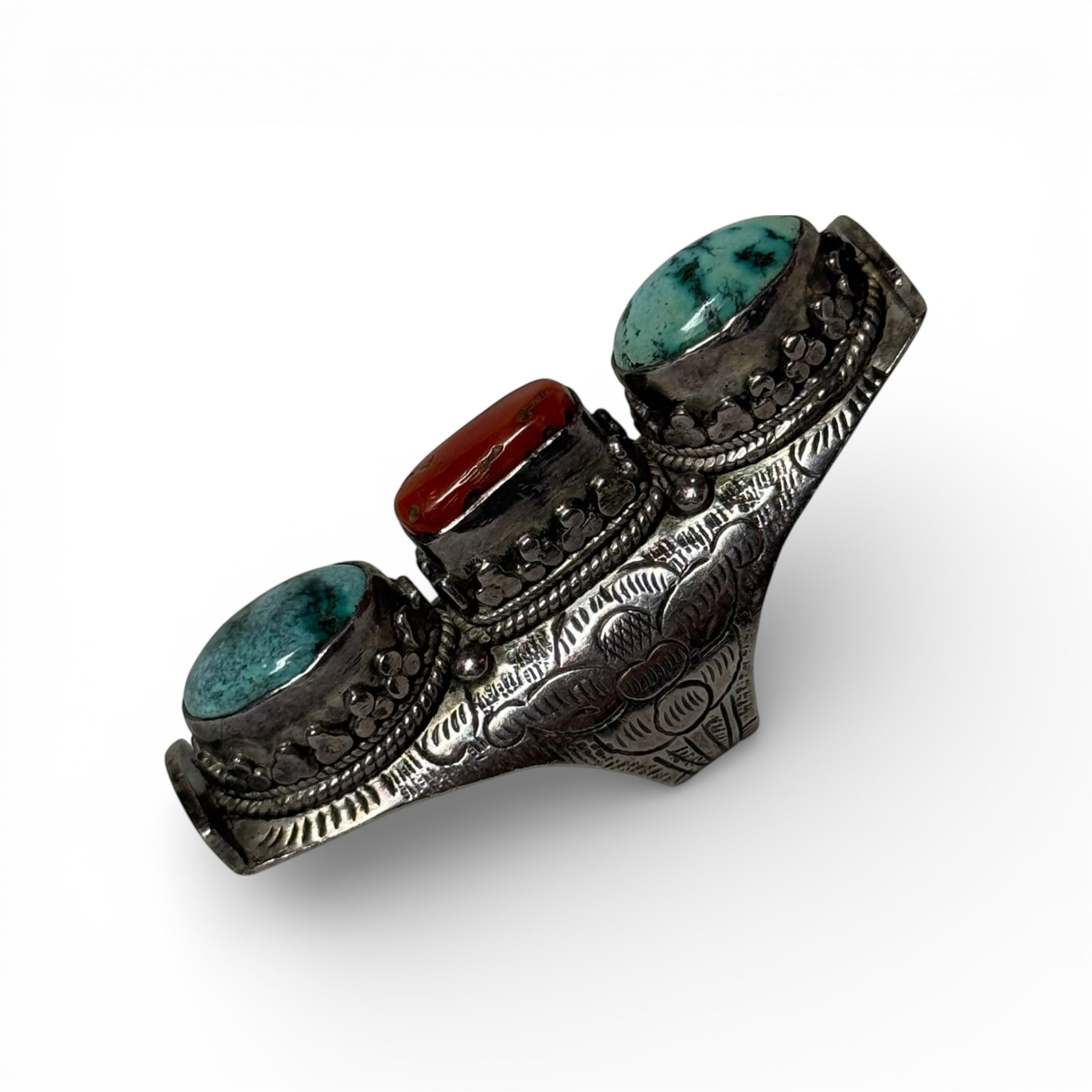 vintage tibetan silver turquoise & coral long ring