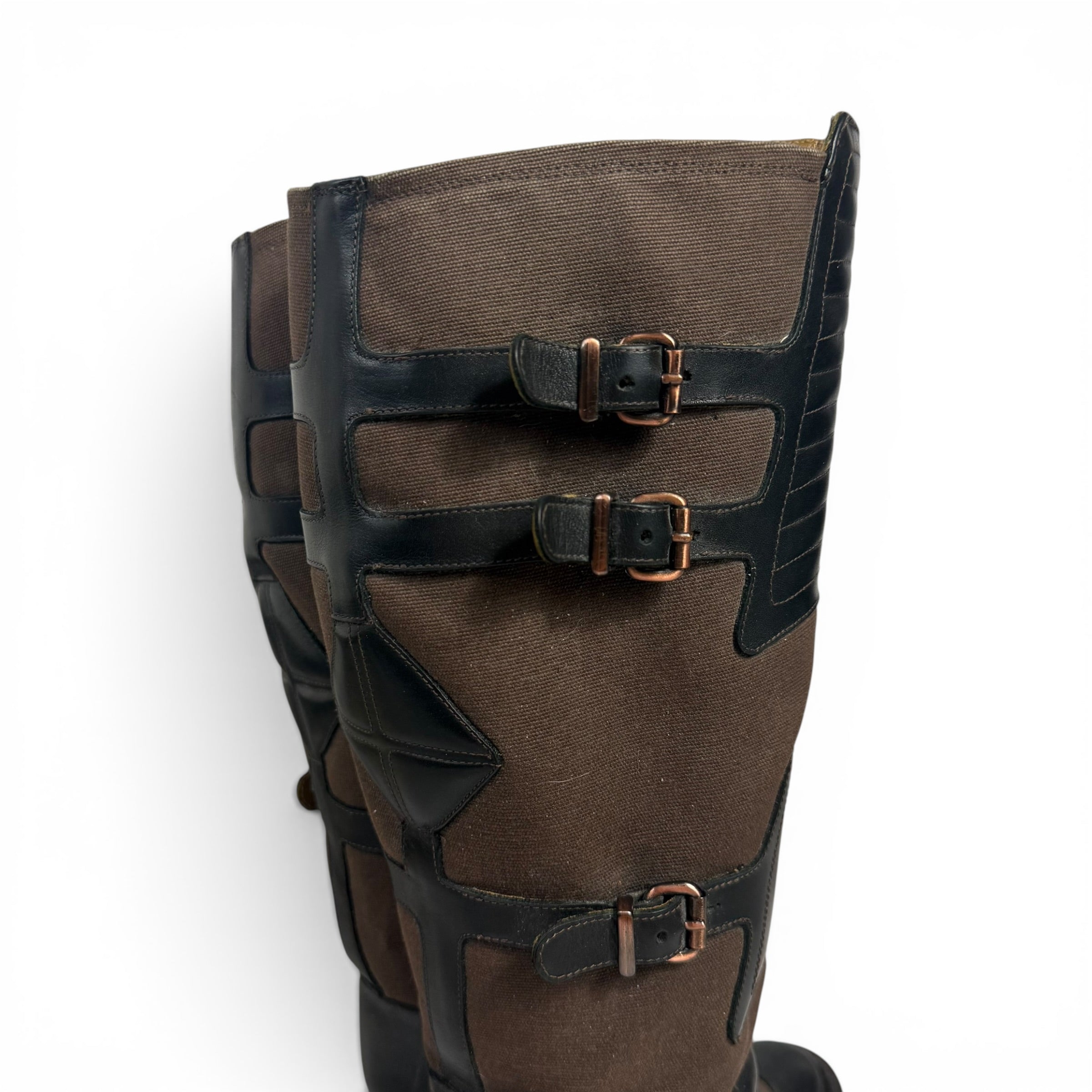 vintage goffredo fantini brown canvas + black leather multi buckle knee high moto boots