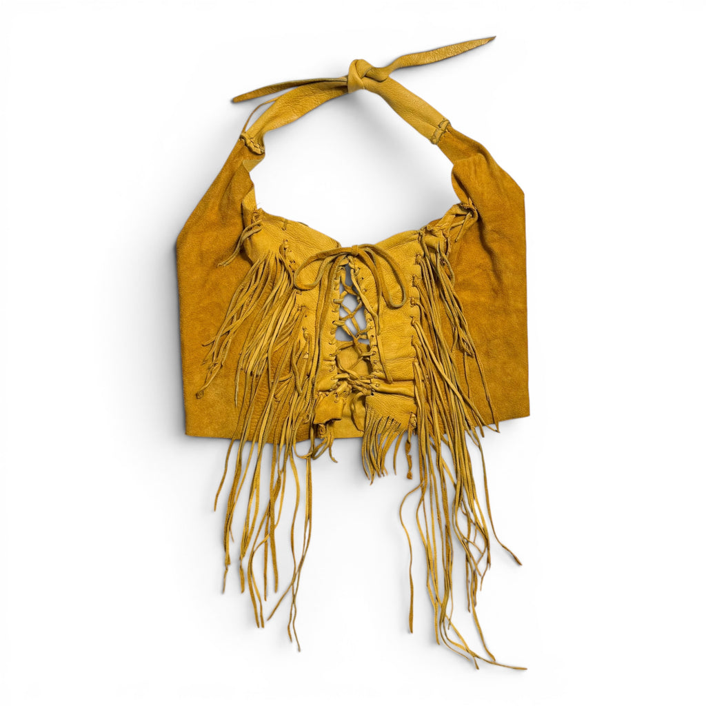 vintage 70s handmade leather fringe halter top