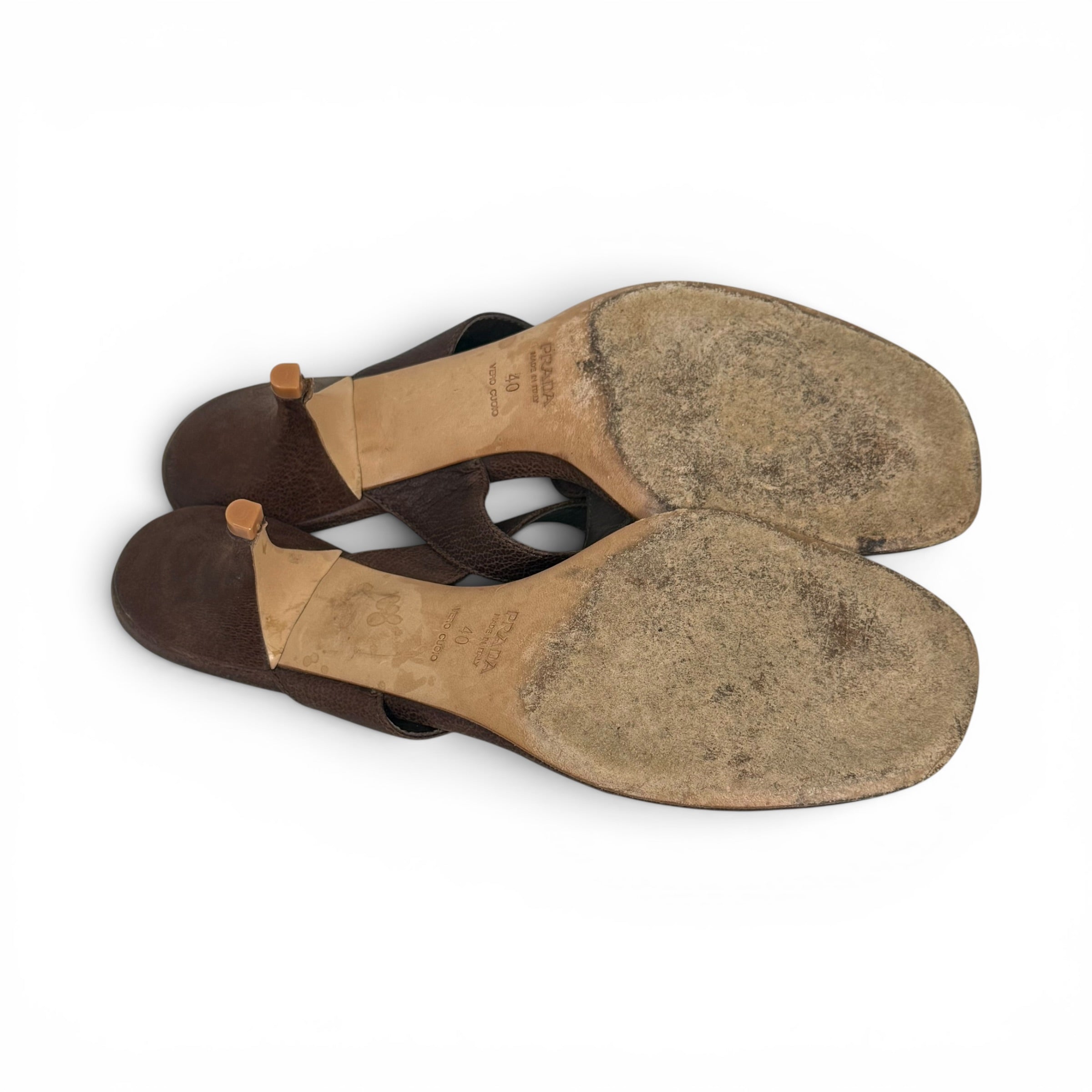 vintage y2k prada brown leather thong kitten heel gear sandals