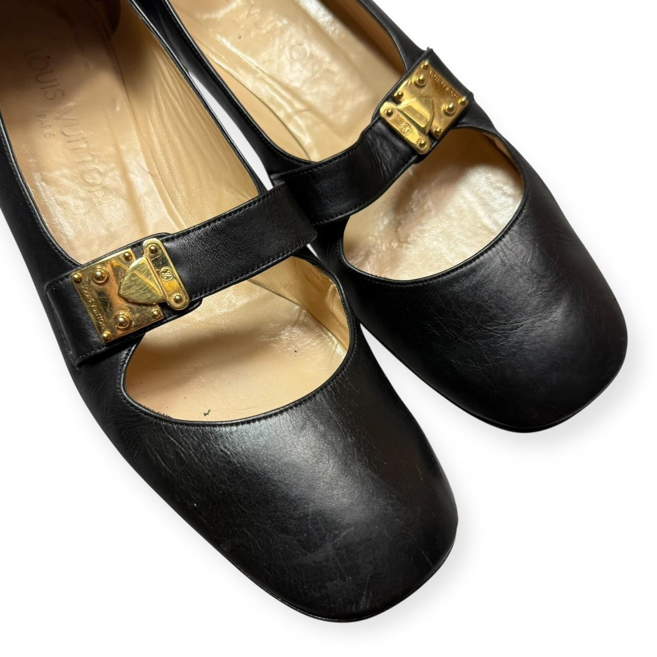 vintage louis vuitton black leather block heel mary janes