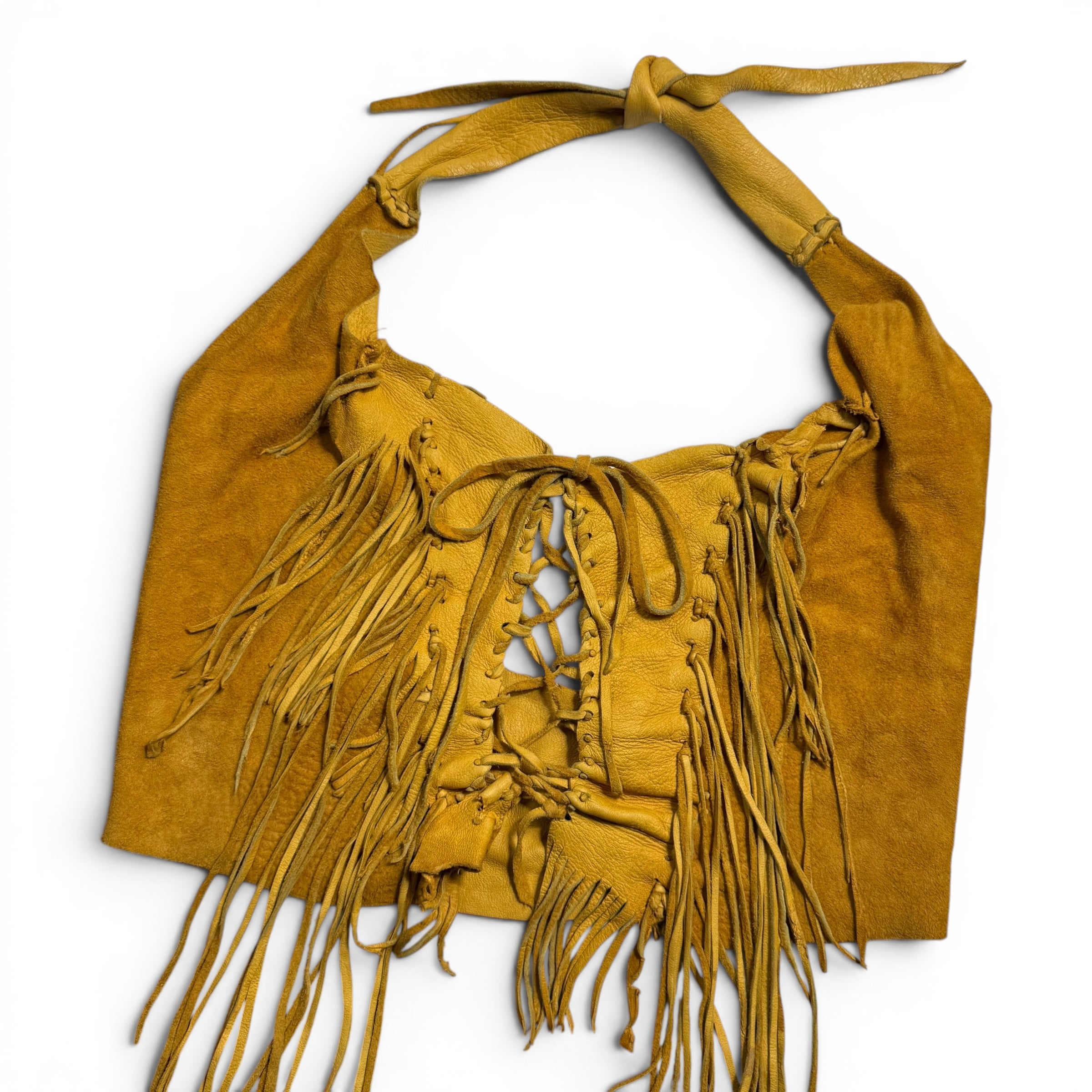 vintage 70s handmade leather fringe halter top