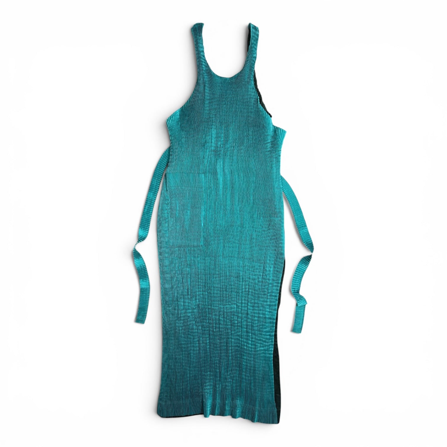 vintage 90s issey miyake im product two tone teal + dark green pleated apron dress