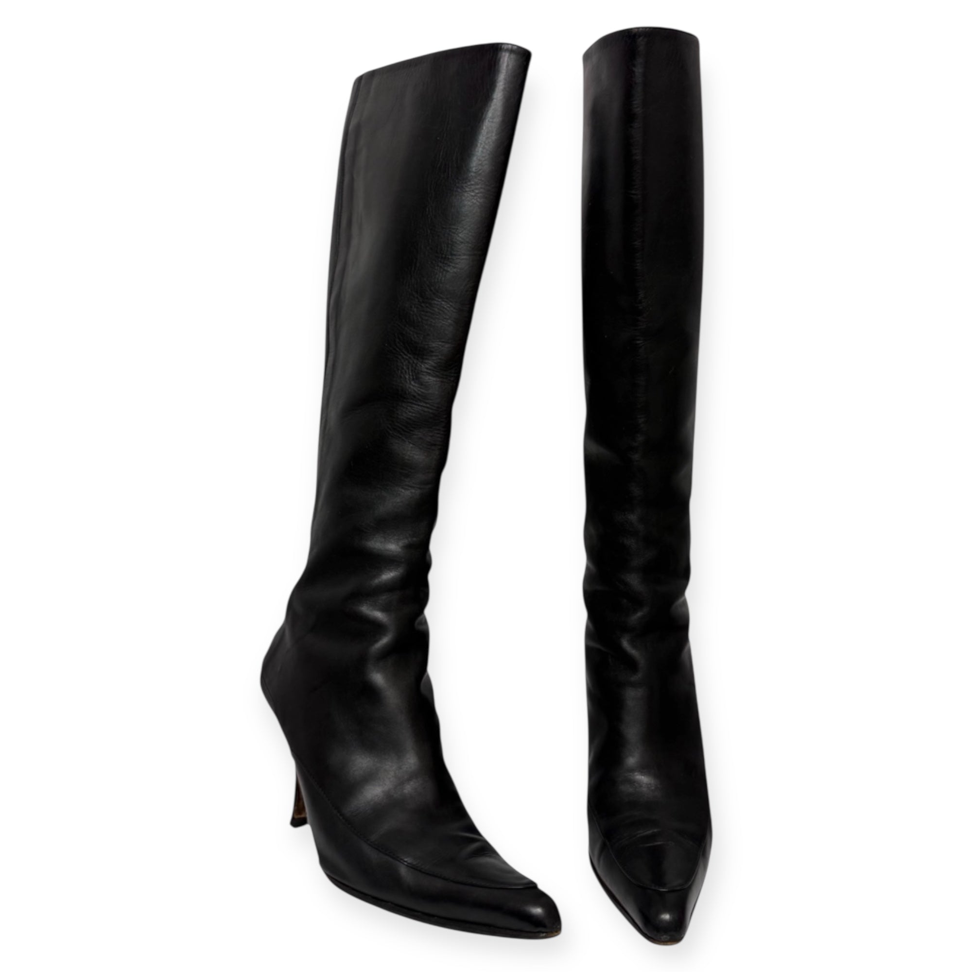vintage 90s manolo blahnik black leather pointed toe kitten heel boots