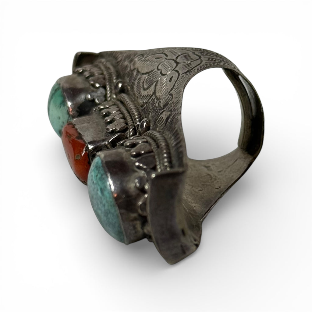 vintage tibetan silver turquoise & coral long ring