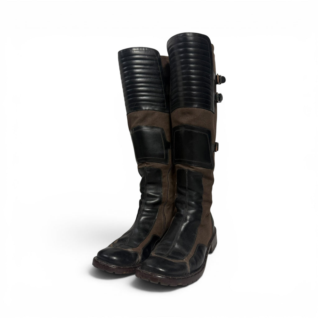 vintage goffredo fantini brown canvas + black leather multi buckle knee high moto boots