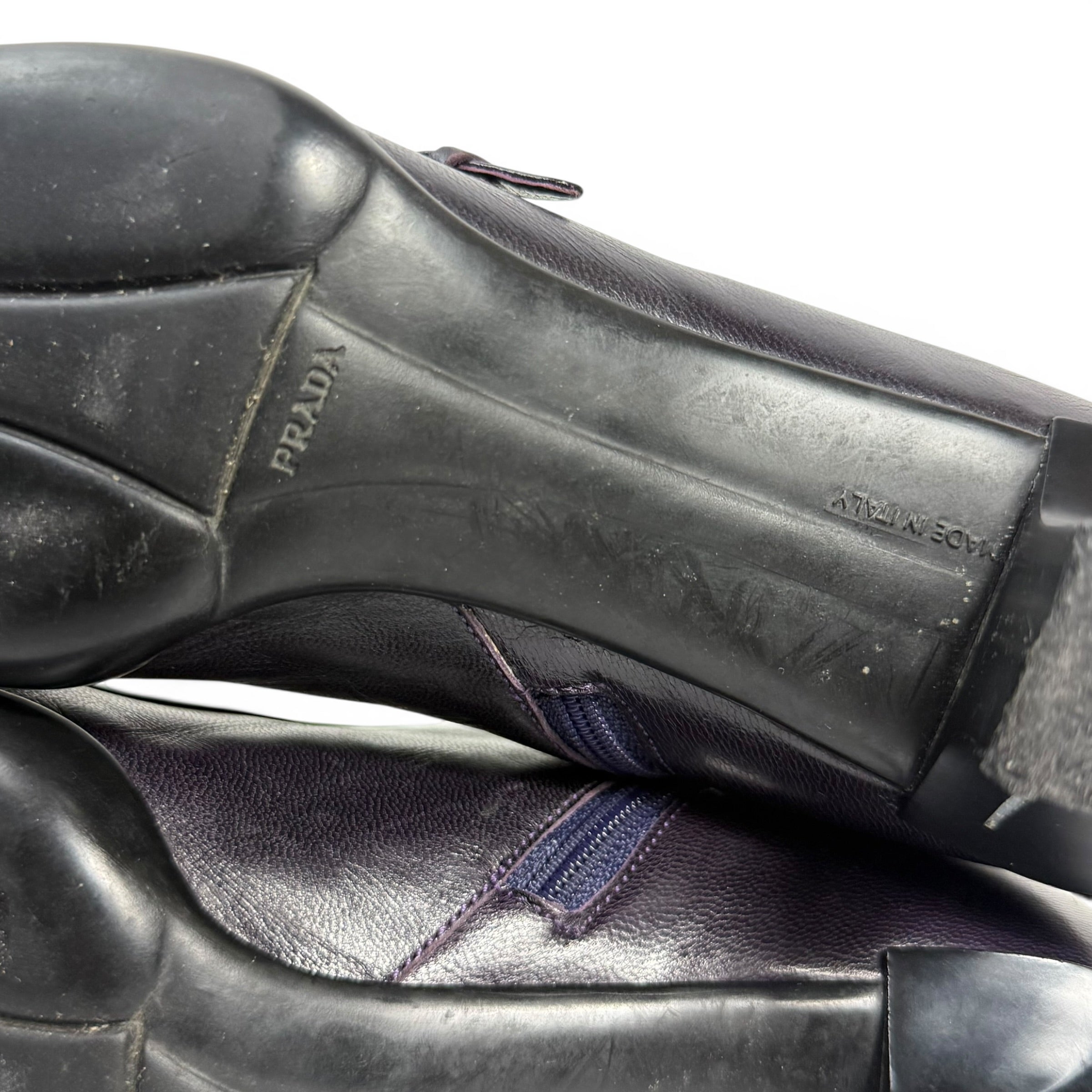 vintage prada square toe dark purple leather mid calf boots
