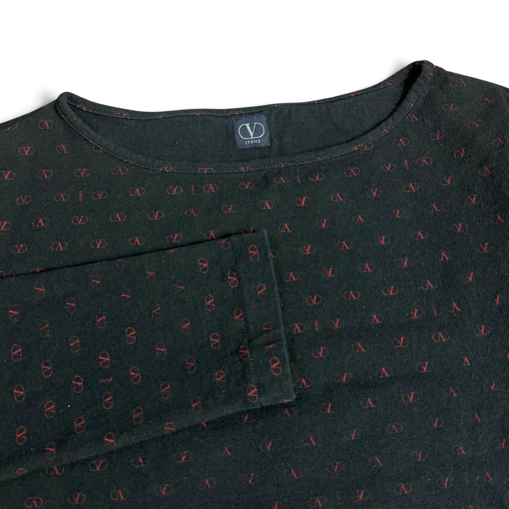 vintage valentino jeans black + red v monogram long sleeve top