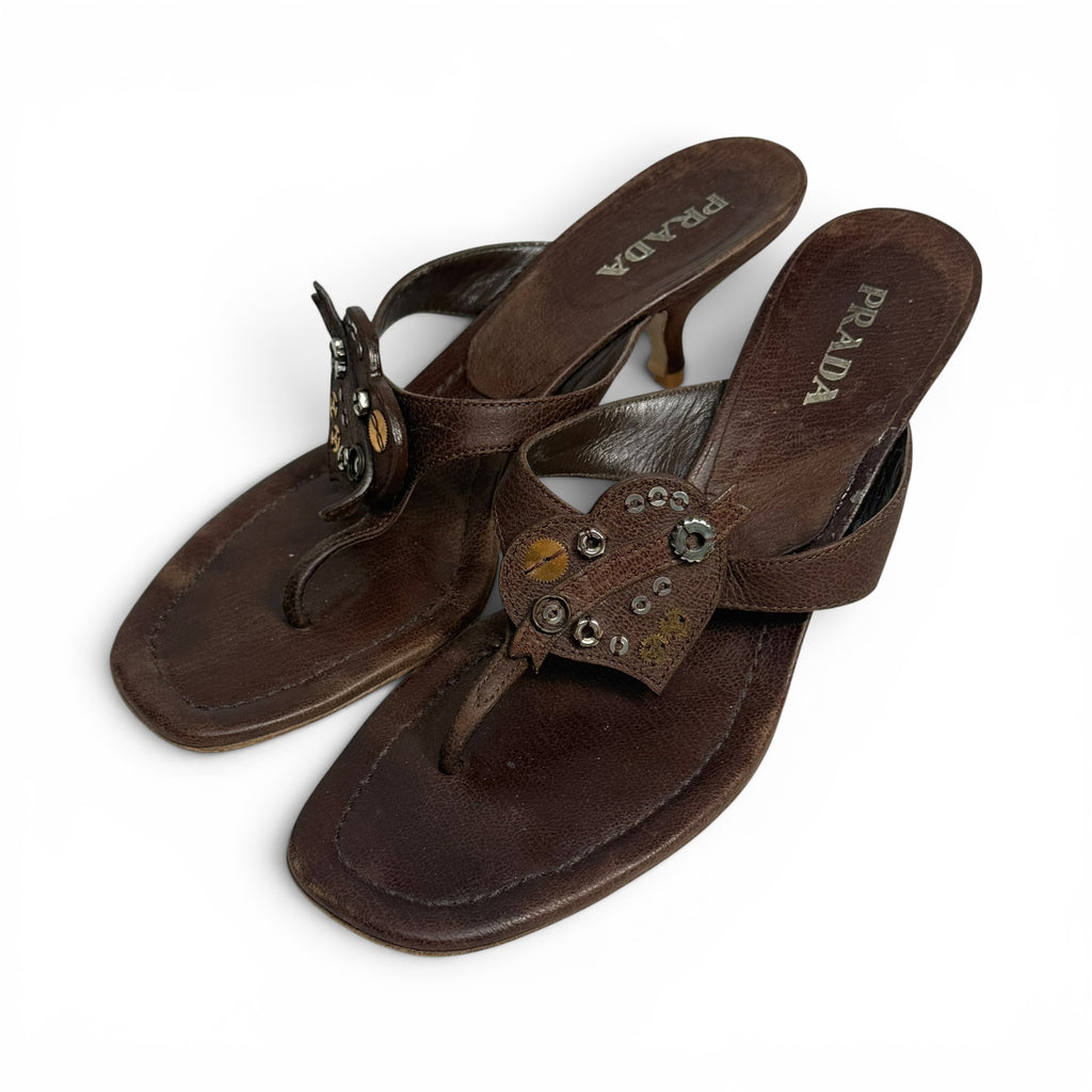 vintage y2k prada brown leather thong kitten heel gear sandals
