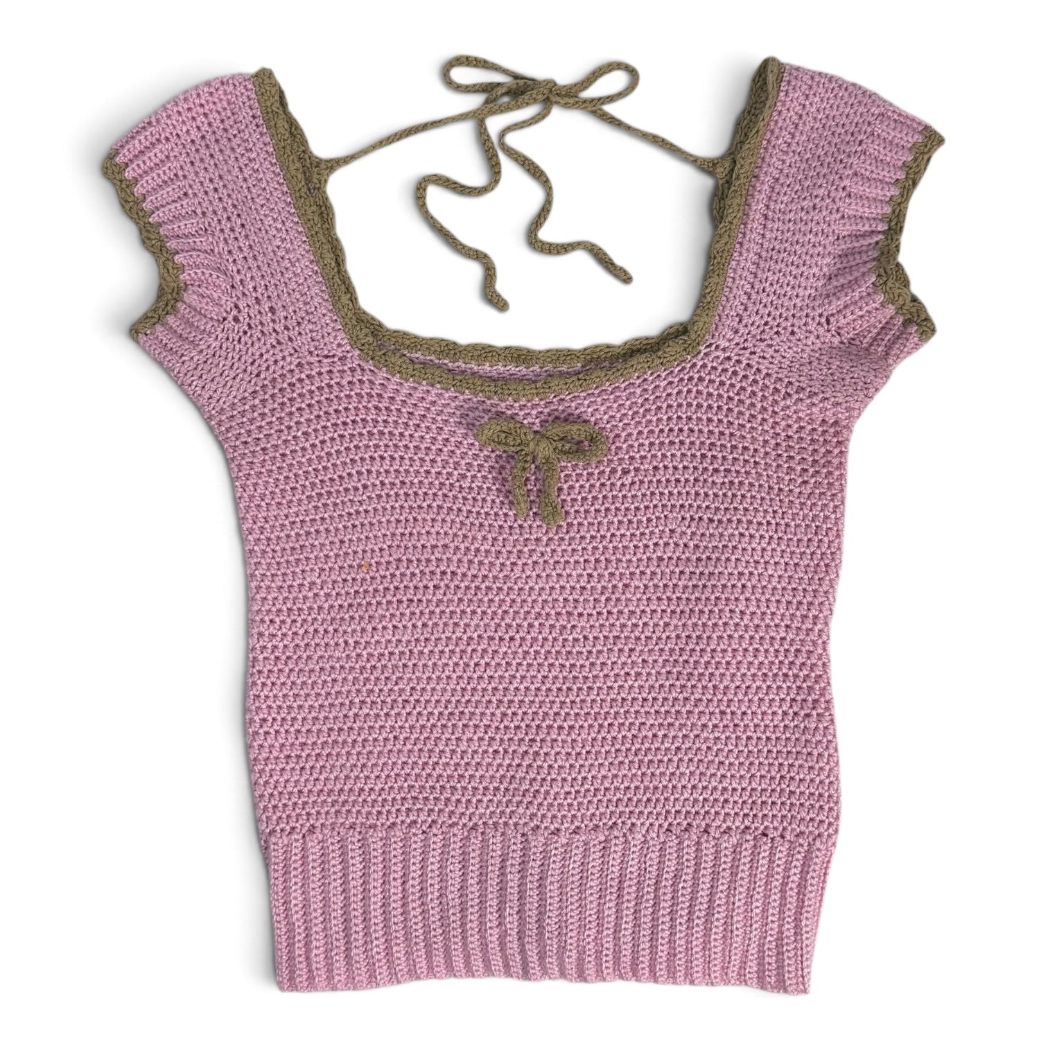 pink crochet knit olive bow trim cap sleeve milkmaid top