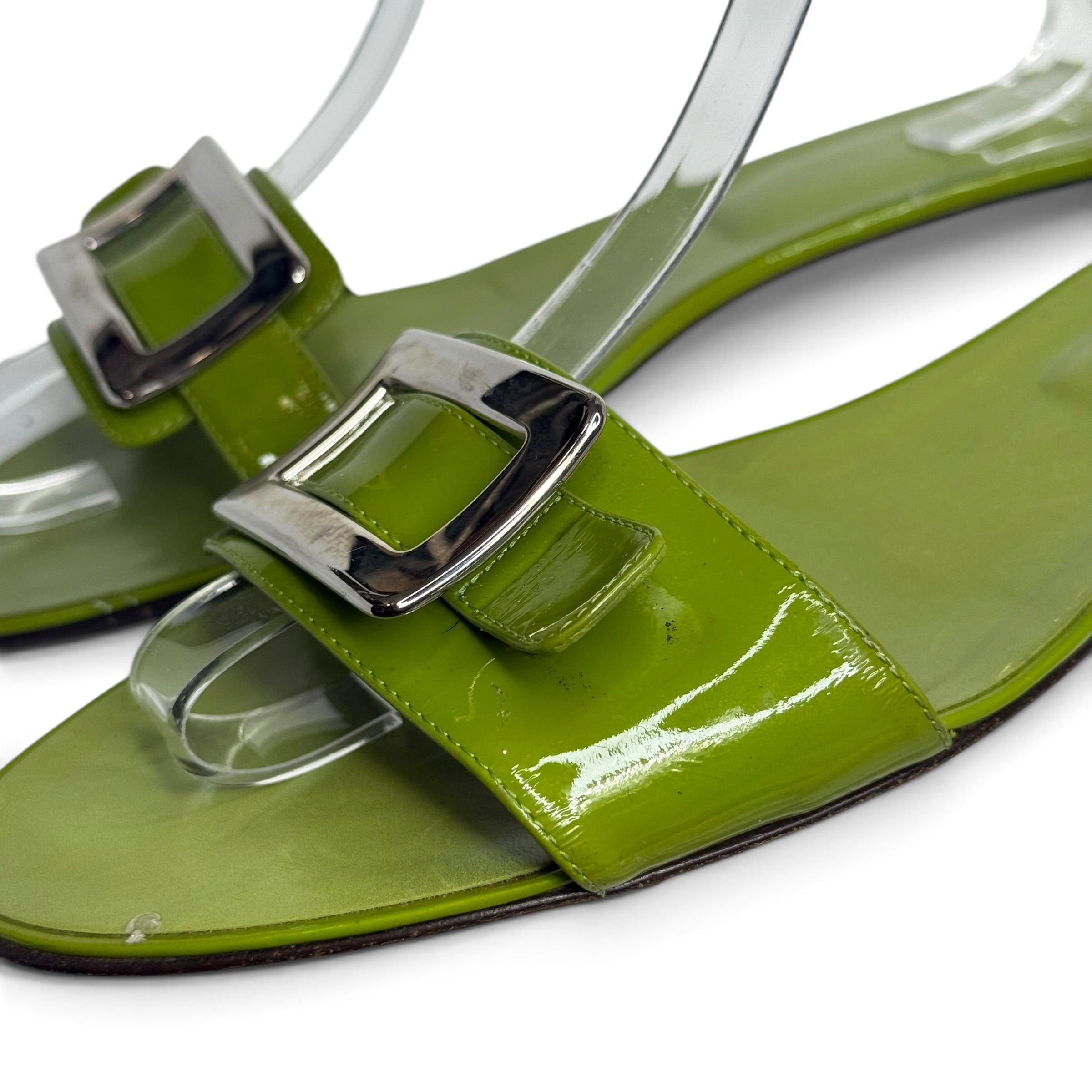 roger vivier green patent leather silver buckle slide sandals