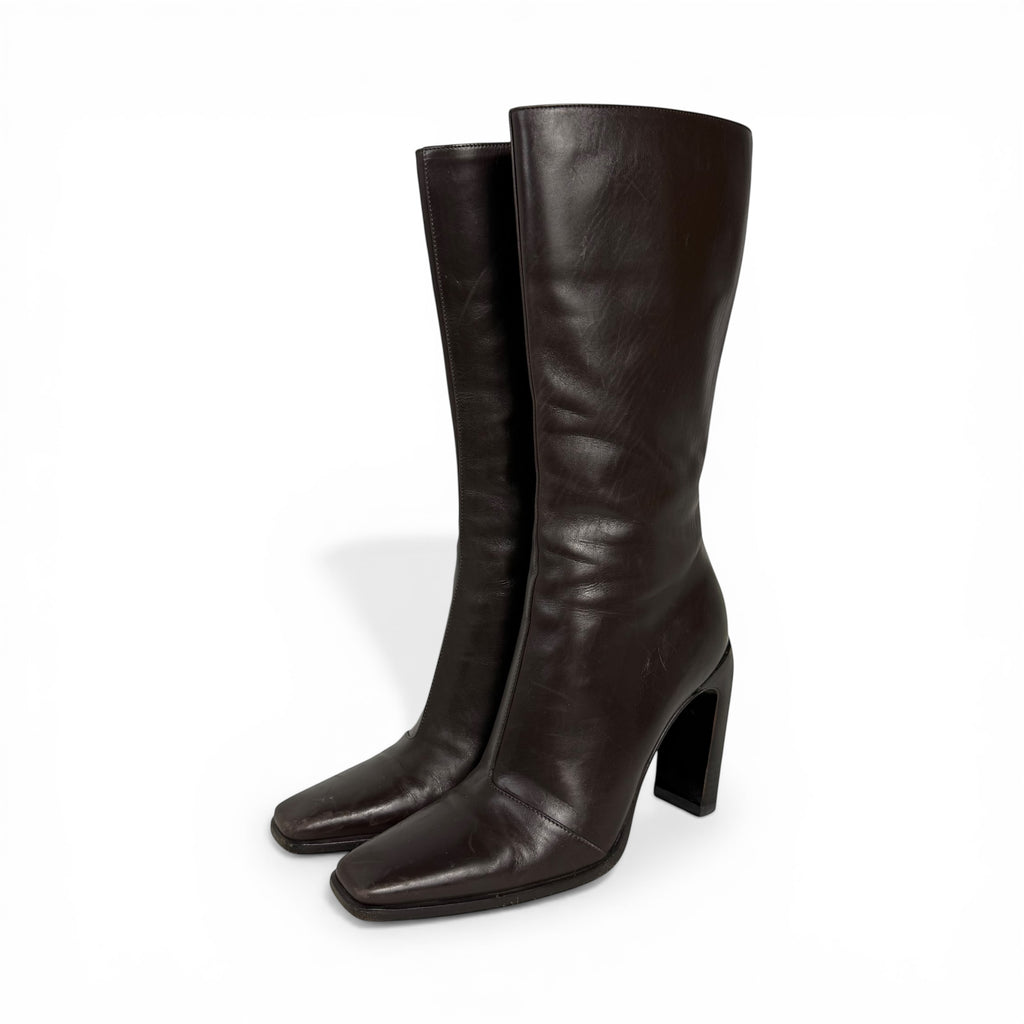 vintage gucci tom ford era distressed dark brown leather square toe boots