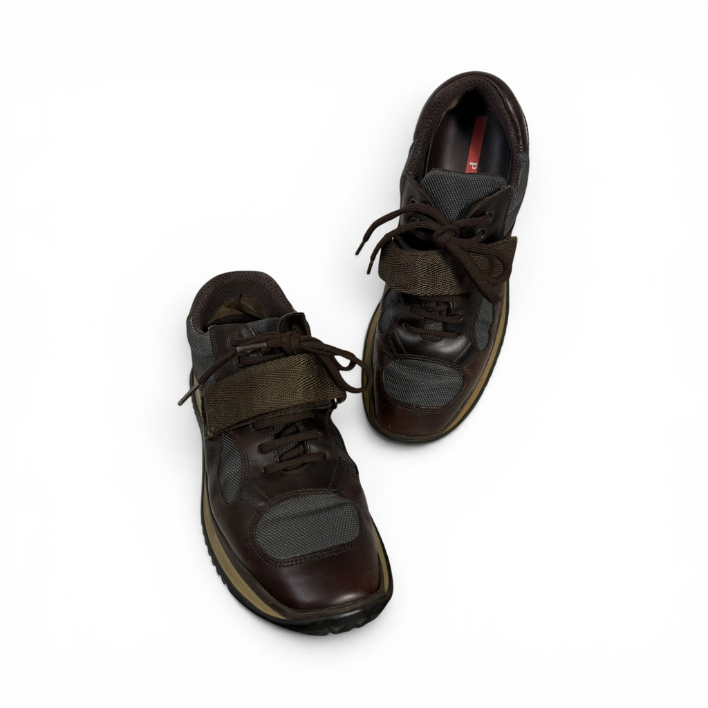 vintage prada americas cup line rosso dark brown leather low top sneakers