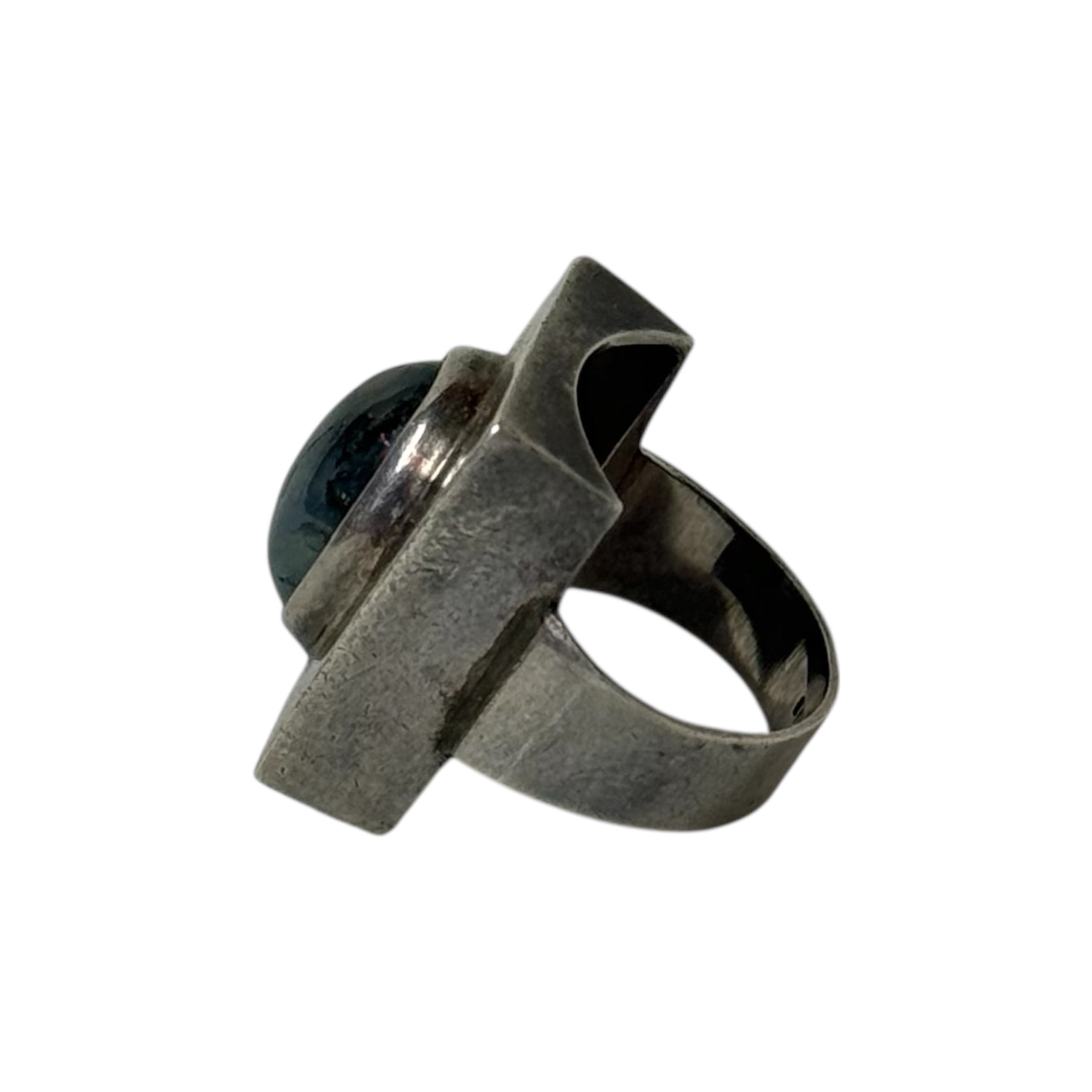 vintage artisanal silver & moss agate modernist architectural ring