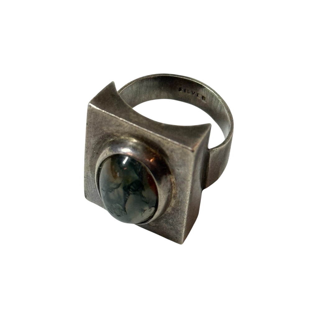 vintage artisanal silver & moss agate modernist architectural ring