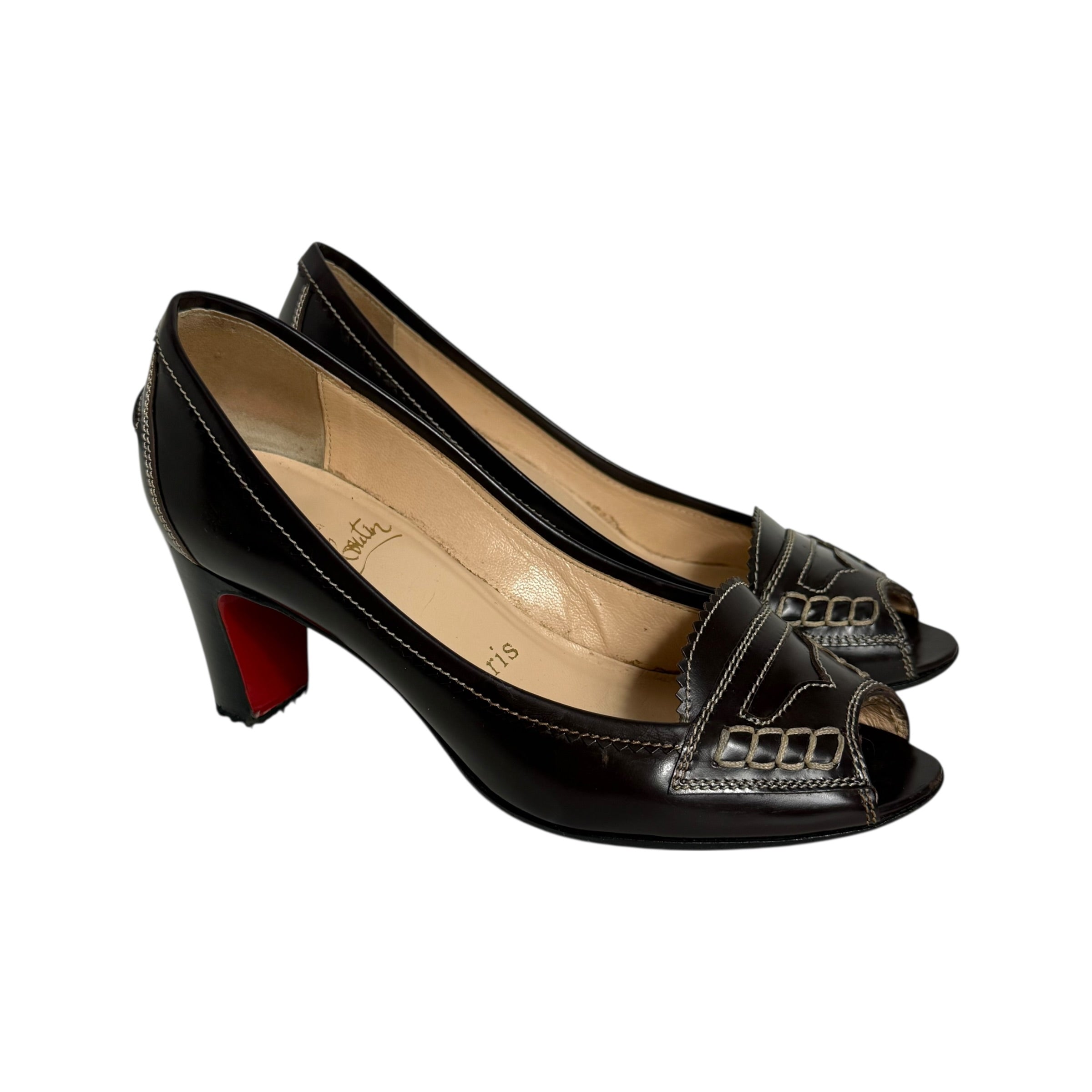christian louboutin peniche dark brown peep toe pumps