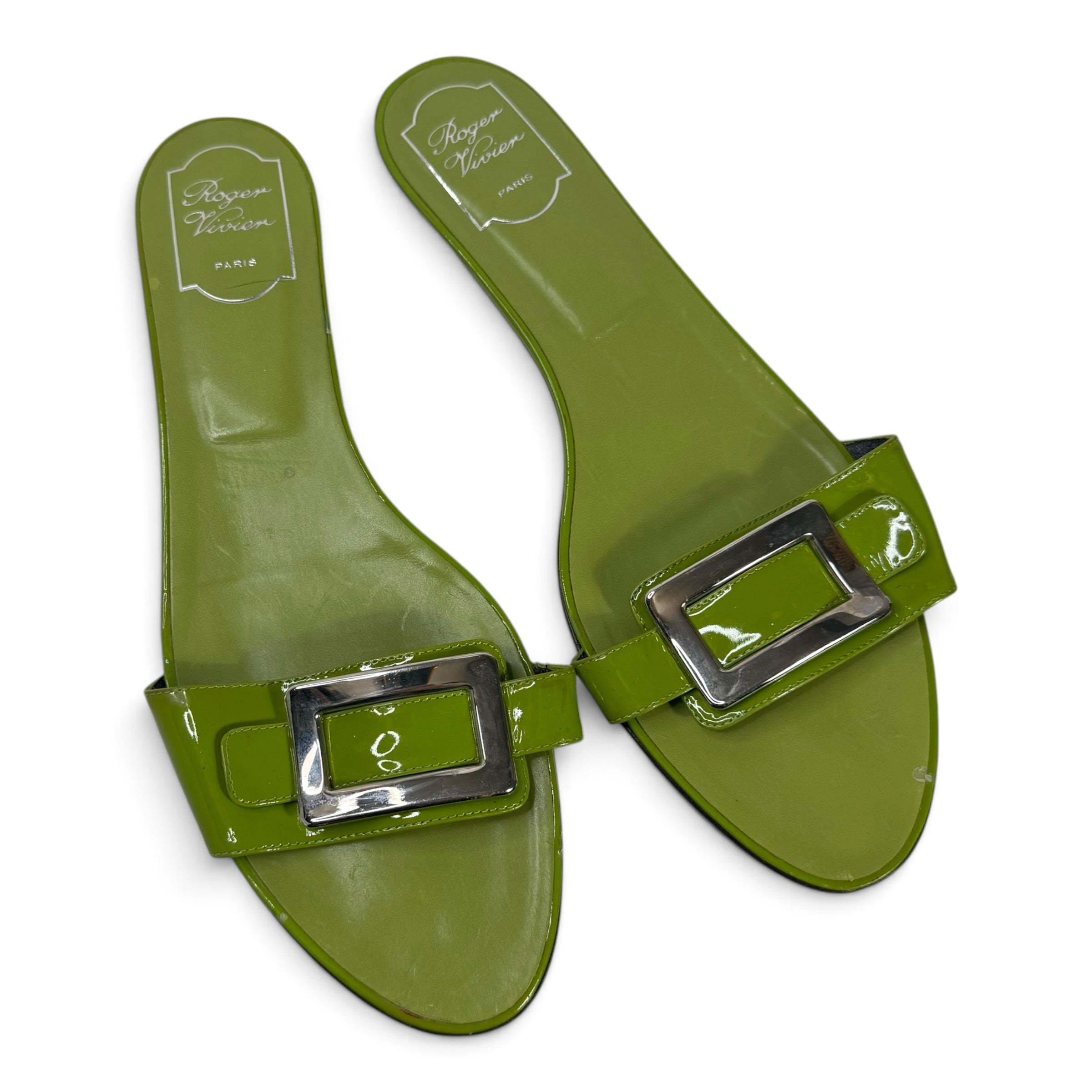 roger vivier green patent leather silver buckle slide sandals