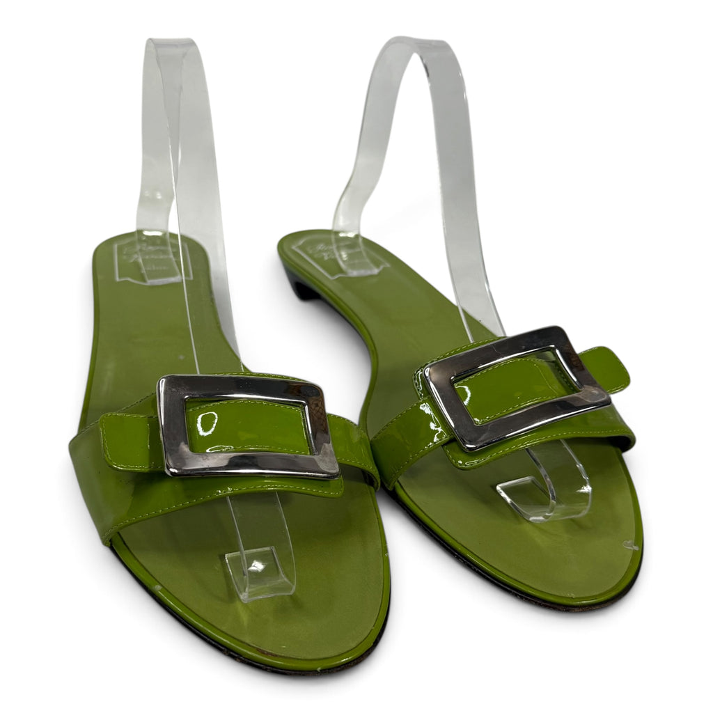 roger vivier green patent leather silver buckle slide sandals