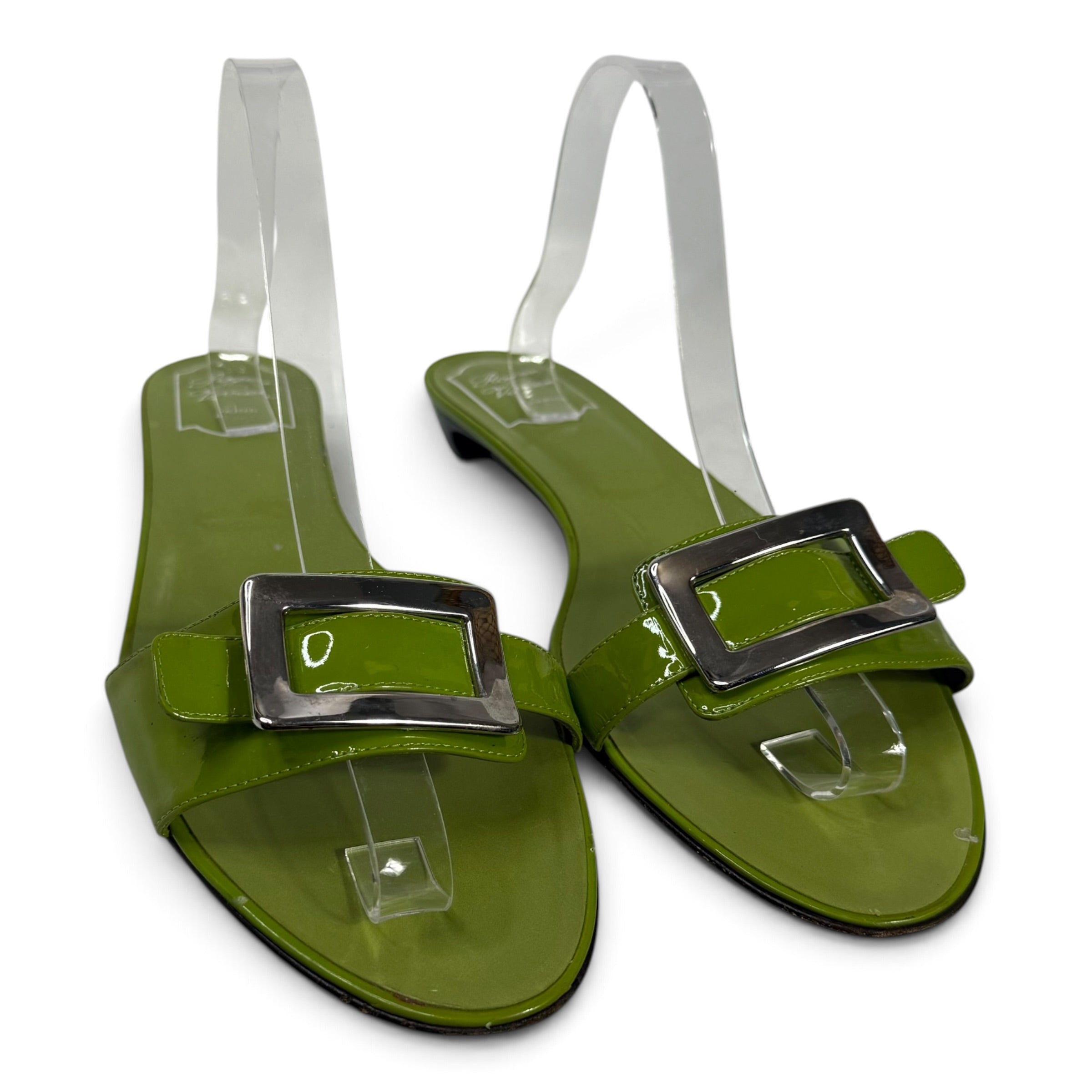 roger vivier green patent leather silver buckle slide sandals