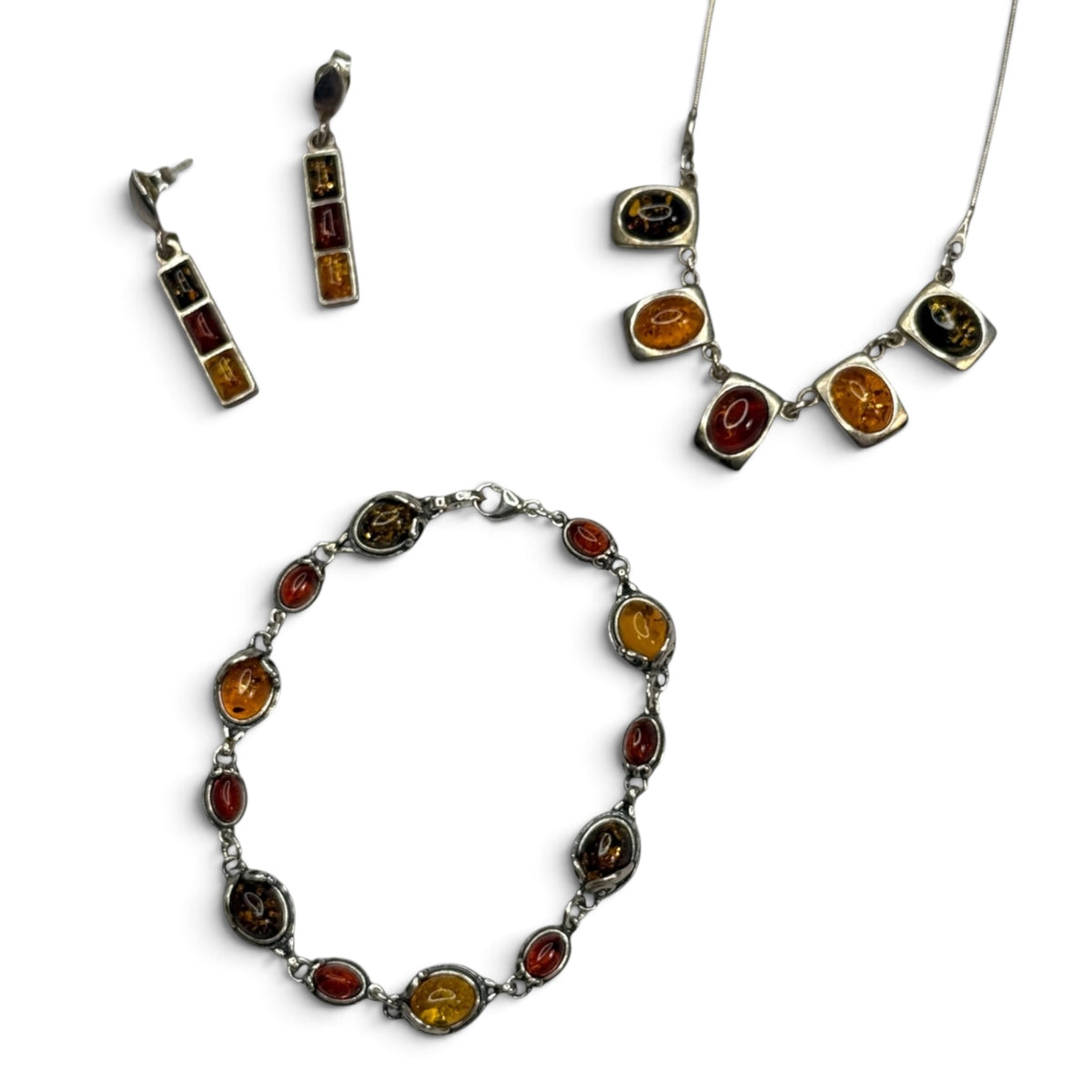 vintage 925 sterling silver multi color baltic amber jewelry set necklace + bracelet + earrings