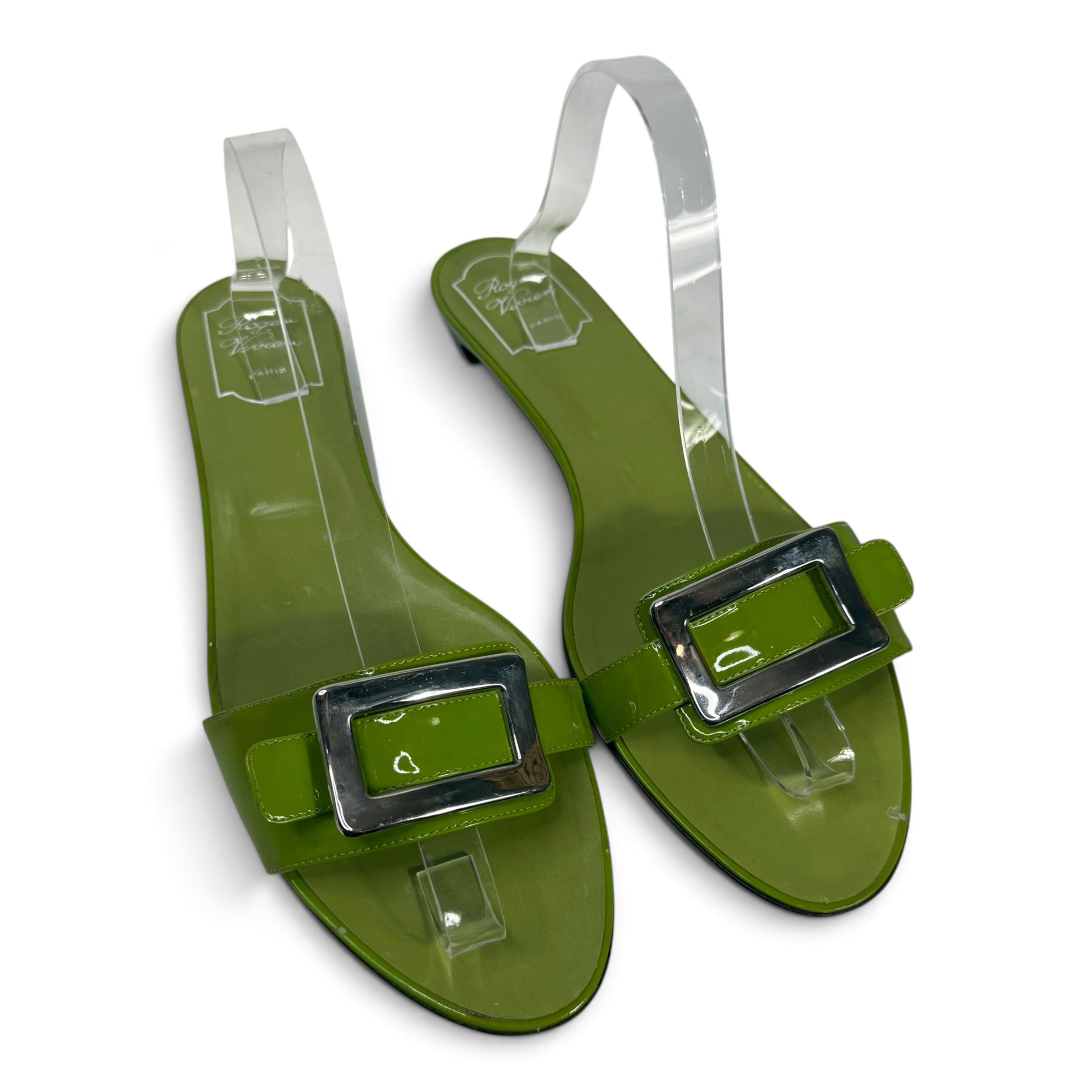 roger vivier green patent leather silver buckle slide sandals