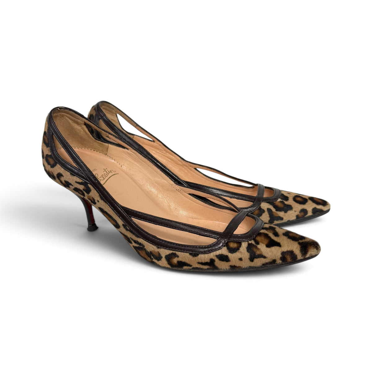 christian louboutin leopard print calf hair pointed toe kitten heel pumps with box + dust bag