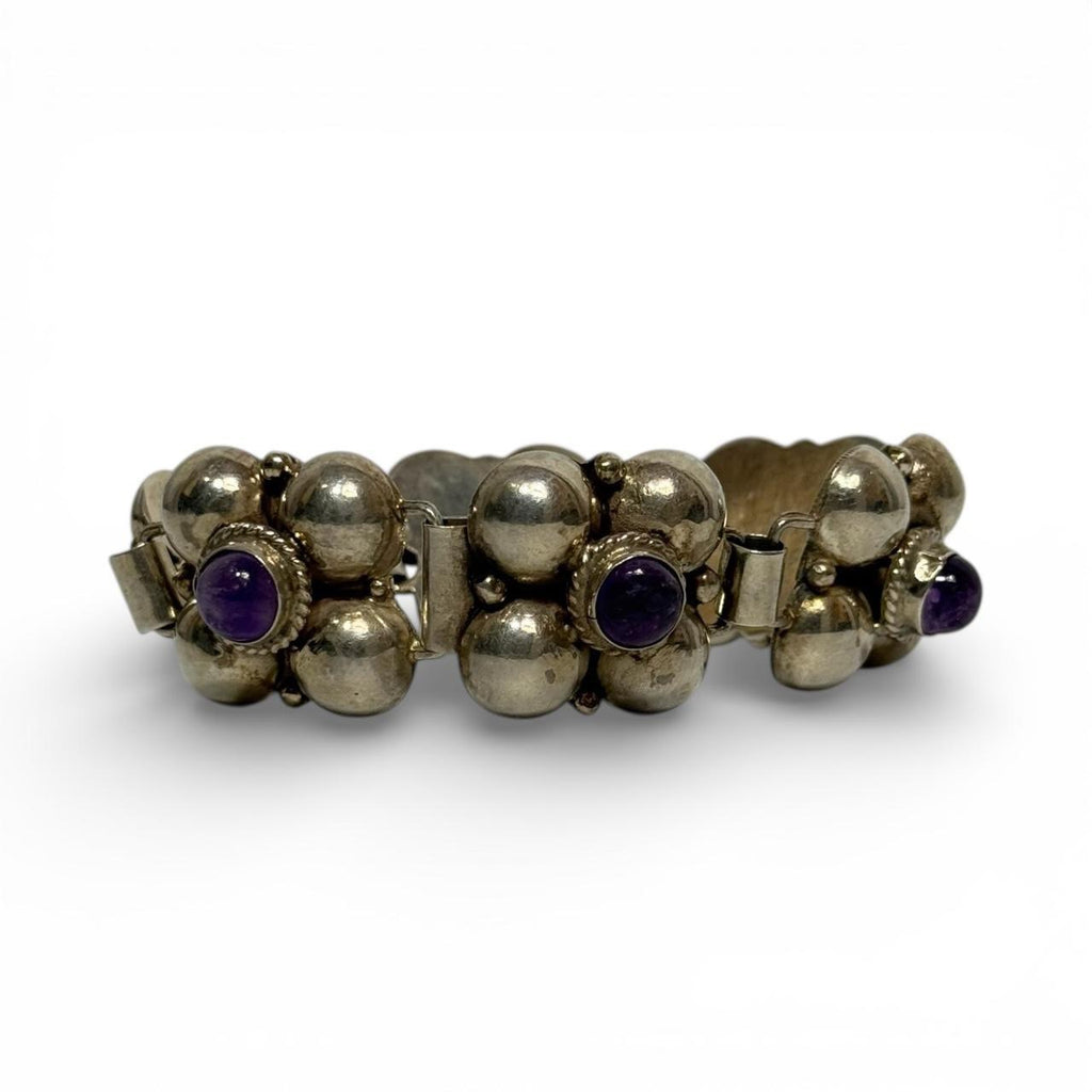 vintage mexican sterling silver & amethyst cabochon chunky bracelet