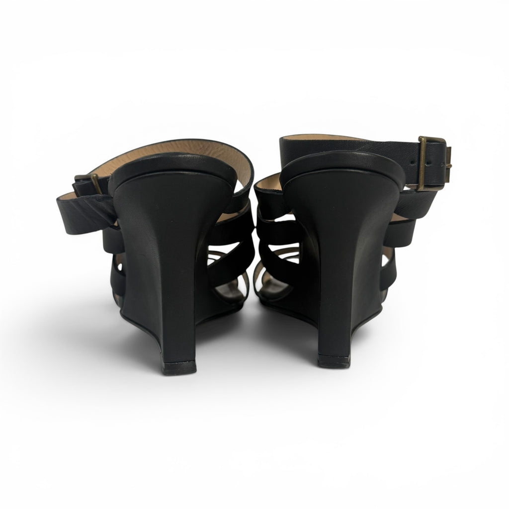 manolo blahnik black leather strappy wedge sandals