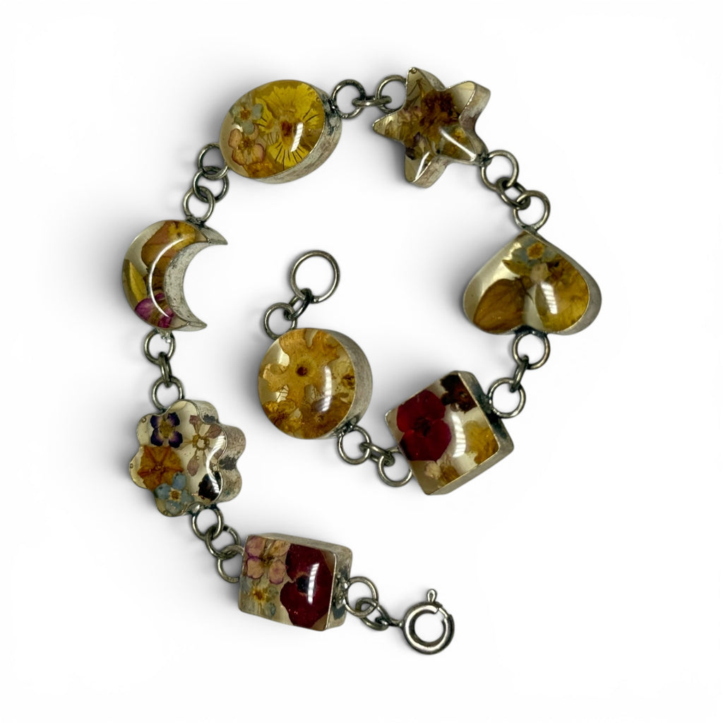 vintage 925 sterling silver dried flower multi shape 8” bracelet